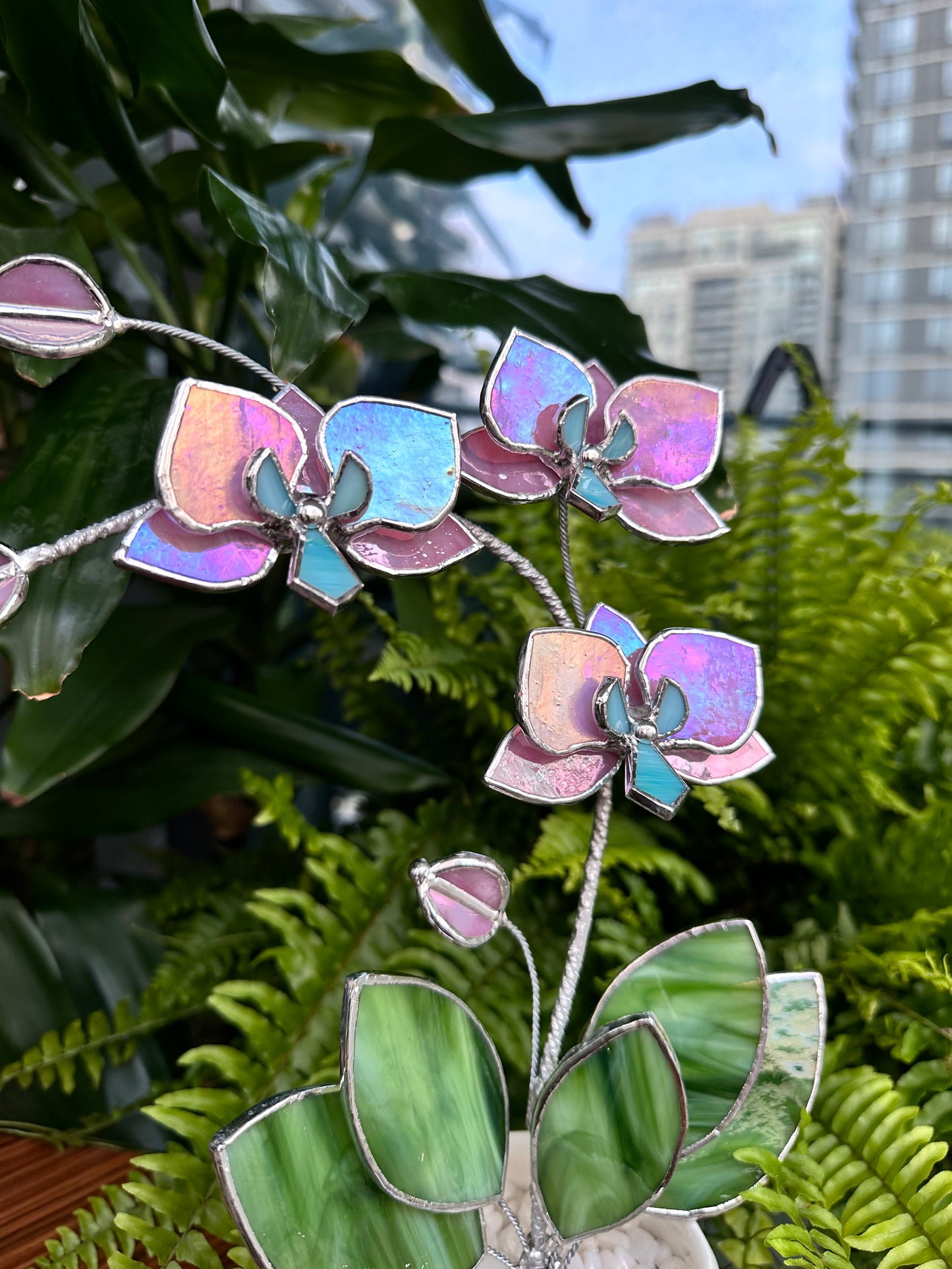 " . Candy Pink iridescent Orchid 3 flowers with pot” Stained glass tropical flower 3D, Sun catcher, Table plant, Garden stick, Outdoor and gardening decor