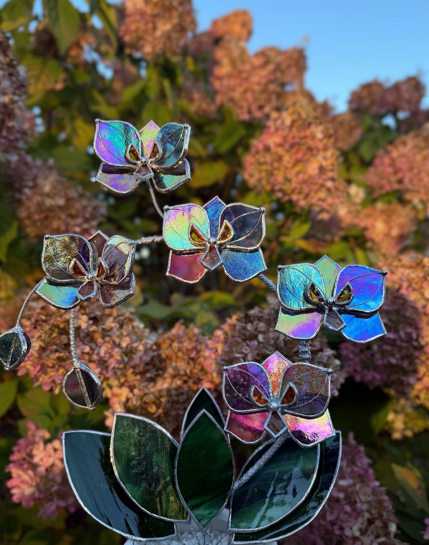 " . Butterfly Orchid Purple transparent iridescent, 5 flowers with pot”, Stained glass tropical flower 3D, Suncatcher, Table plant sale