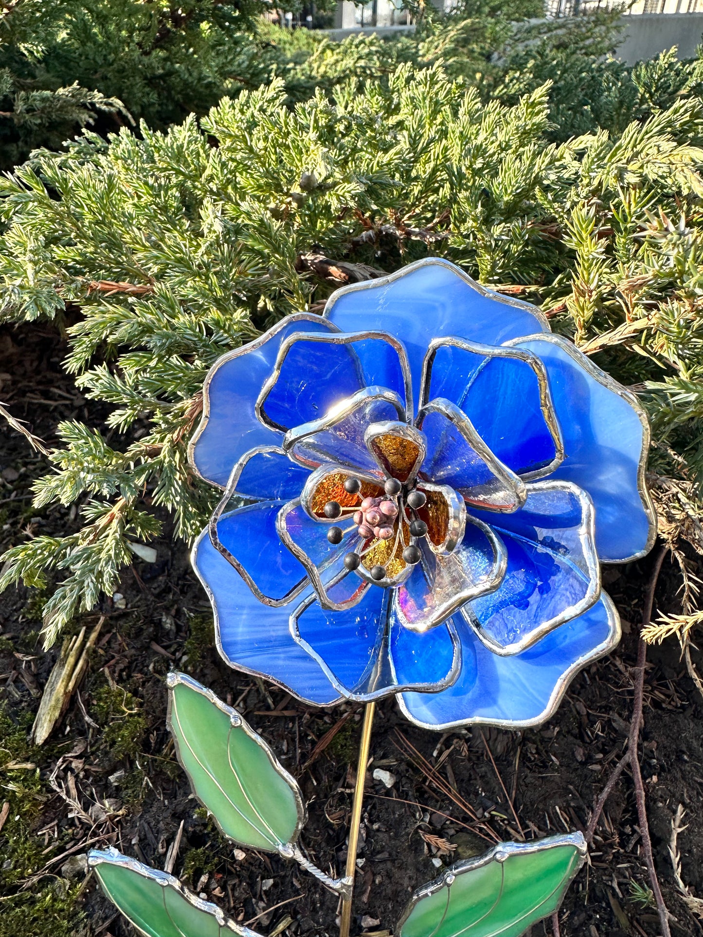 ". Peony Stained glass flower Sky Blue & Gold,  tropical 3D Sun catcher, Table plant decor