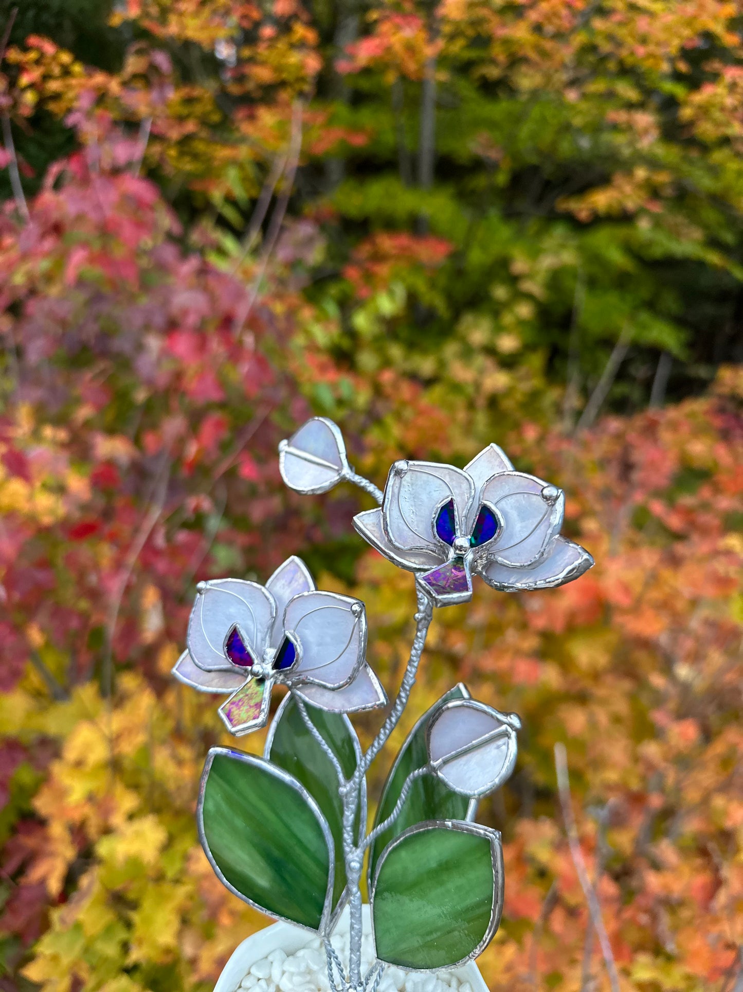 " . Orchid White Pearl iridescent, 2 flowers with pot” Stained glass tropical flower 3D, Sun catcher, Table plant decor, Garden stick, Outdoor and gardening decor