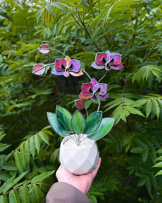 " . Berry red iridescent Orchid 3 flowers with pot” Stained glass tropical flower 3D, Sun catcher, Table plant, Garden stick, Outdoor and gardening decor available new
