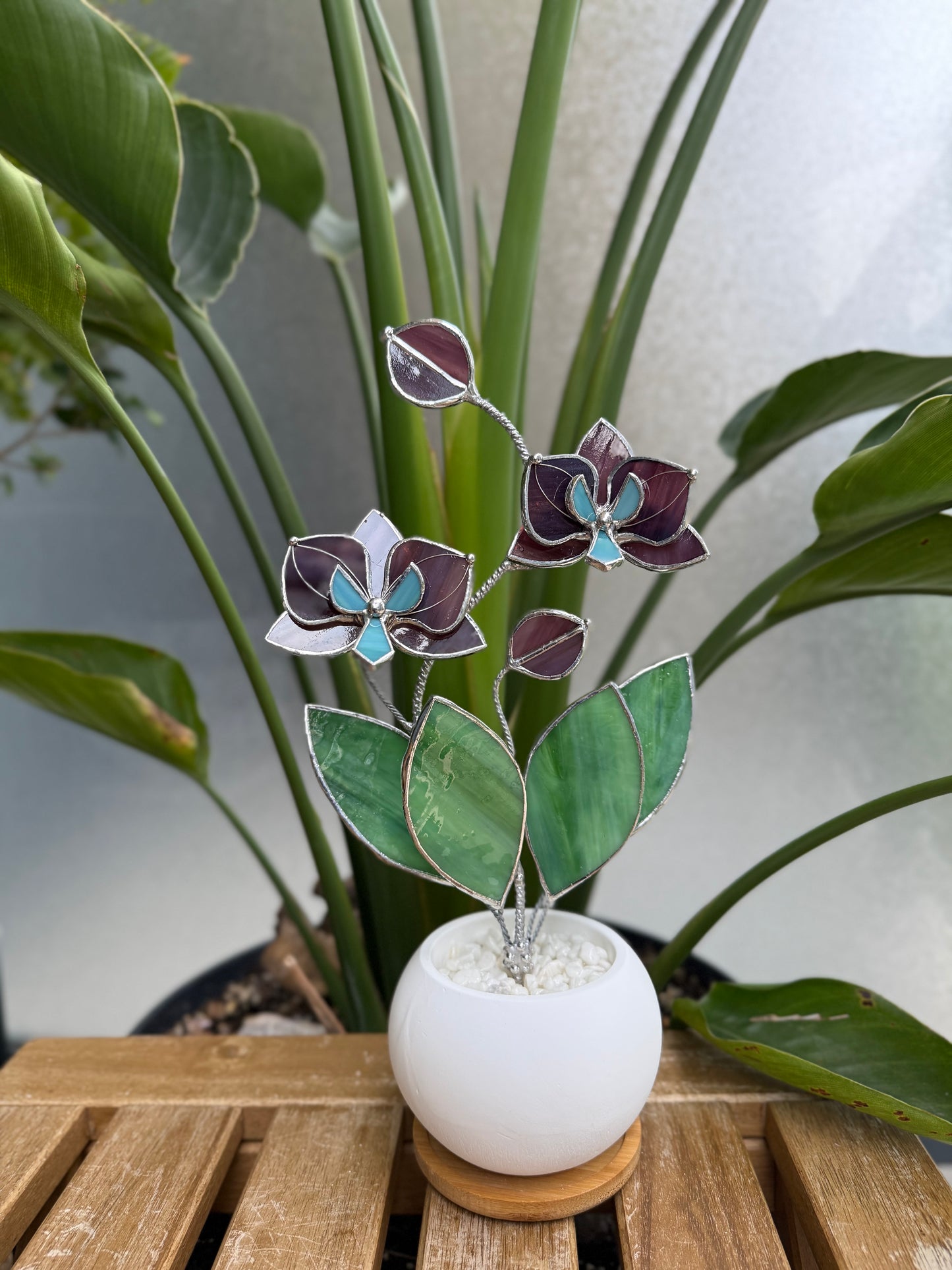 Orchid Elderberry purple Stained Glass 2 flowers in a Pot, Botanical Art Sculpture
