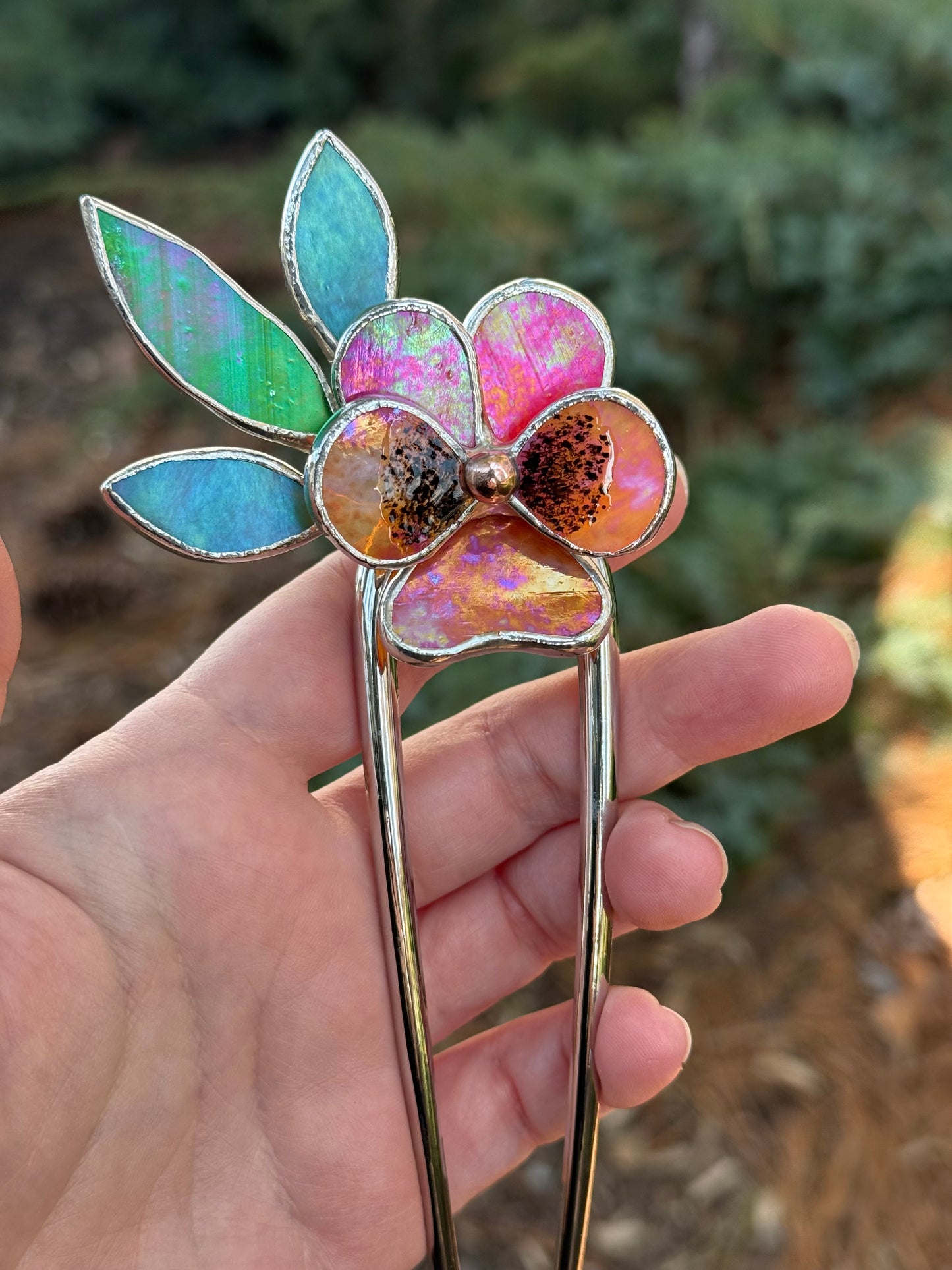 .Hair Pin Stained Glass Pansy Flower CHOOSE COLOR Handmade Floral Accessories