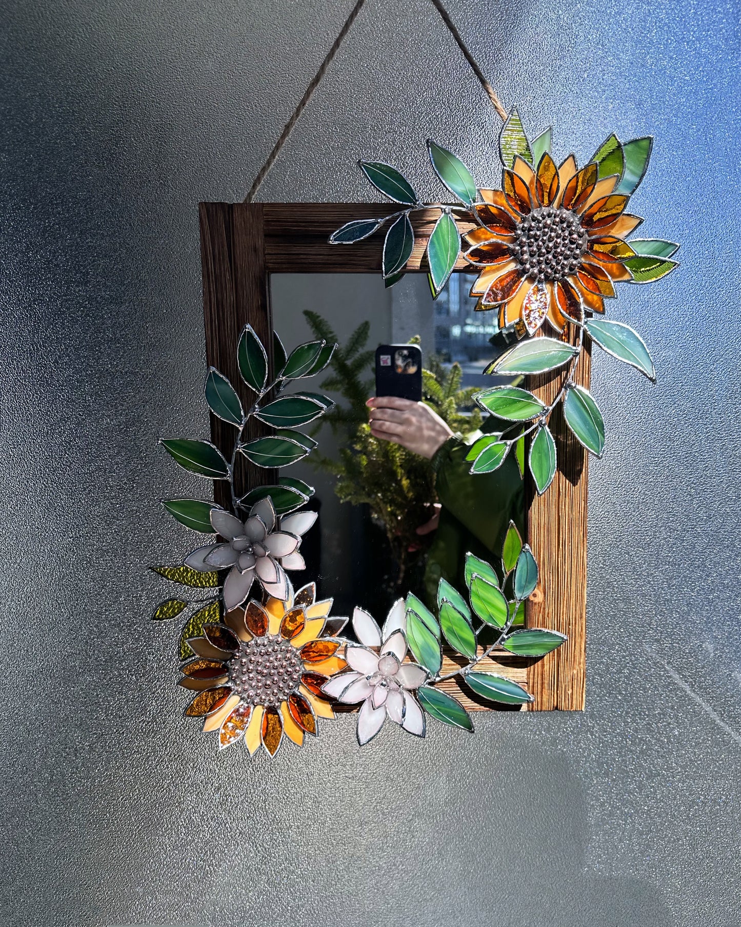 " . Golden Sunflower garden" Stained glass flower Mirror wall decor Art, Wedding, Christmas, gift Decoration Glass flowers Succulents