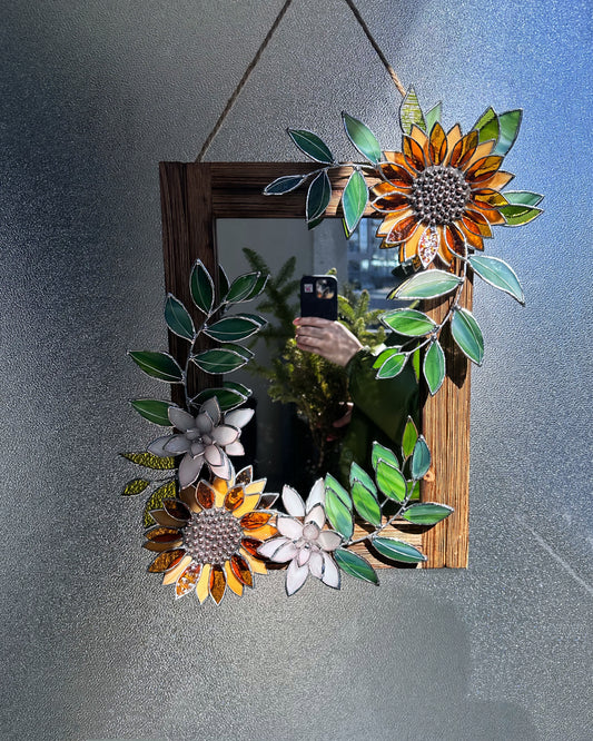 " . Golden Sunflower garden" Stained glass flower Mirror wall decor Art, Wedding, Christmas, gift Decoration Glass flowers Succulents