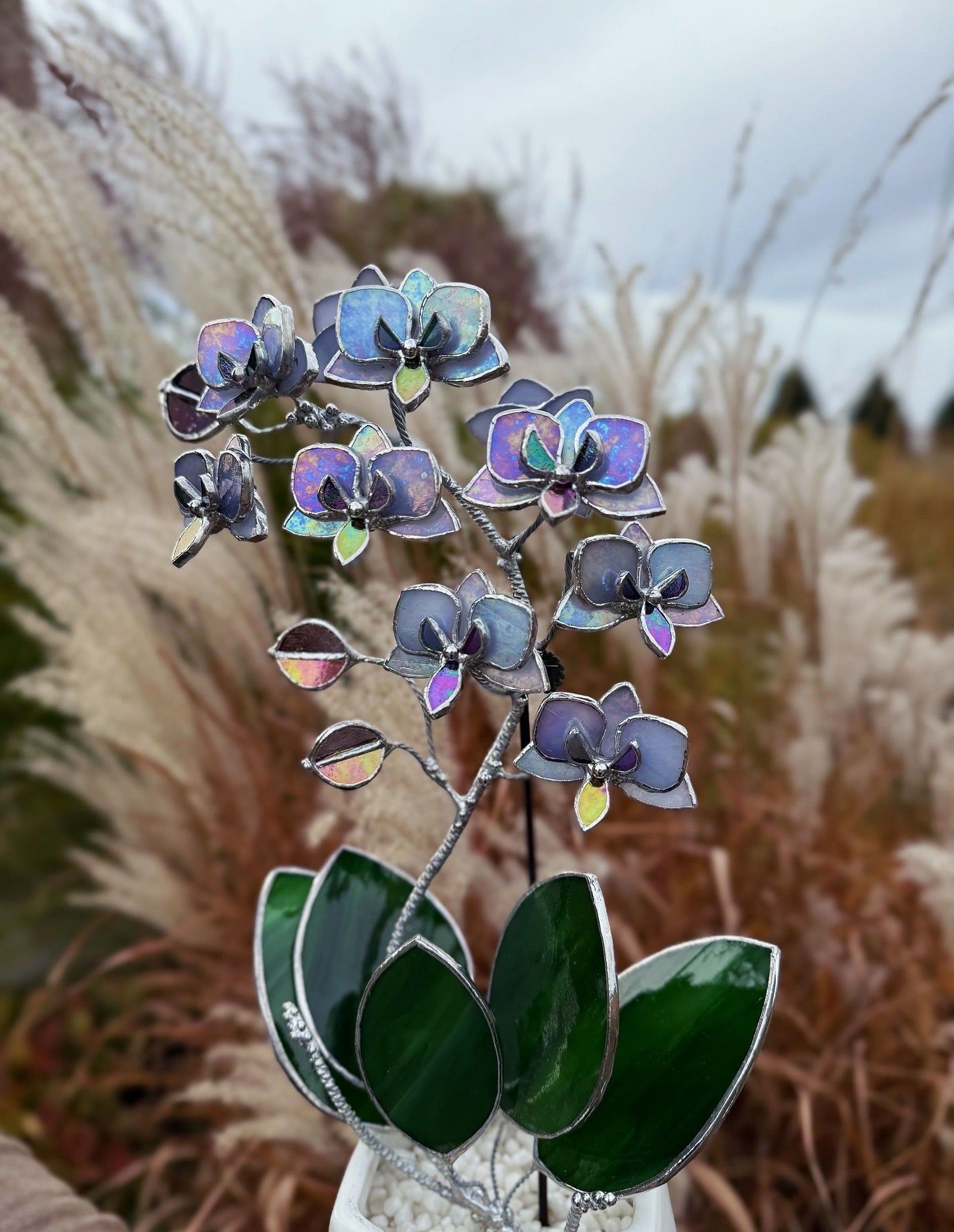 "  . Stained glass Orchid Lavender iridescent, double sided, 10 flowers with pot”, Stained glass tropical flower 3D, Suncatcher, Table plant decor