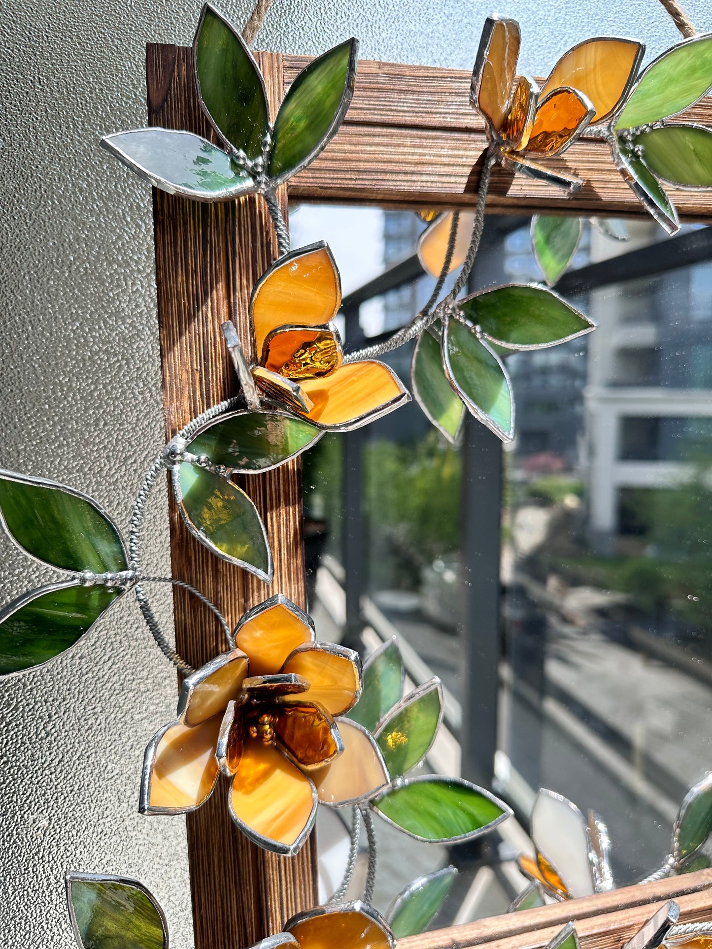 " . Amber Magnolia Flower Mirror, Stained glass Wedding Wall Decor, Christmas gift, Suncatcher