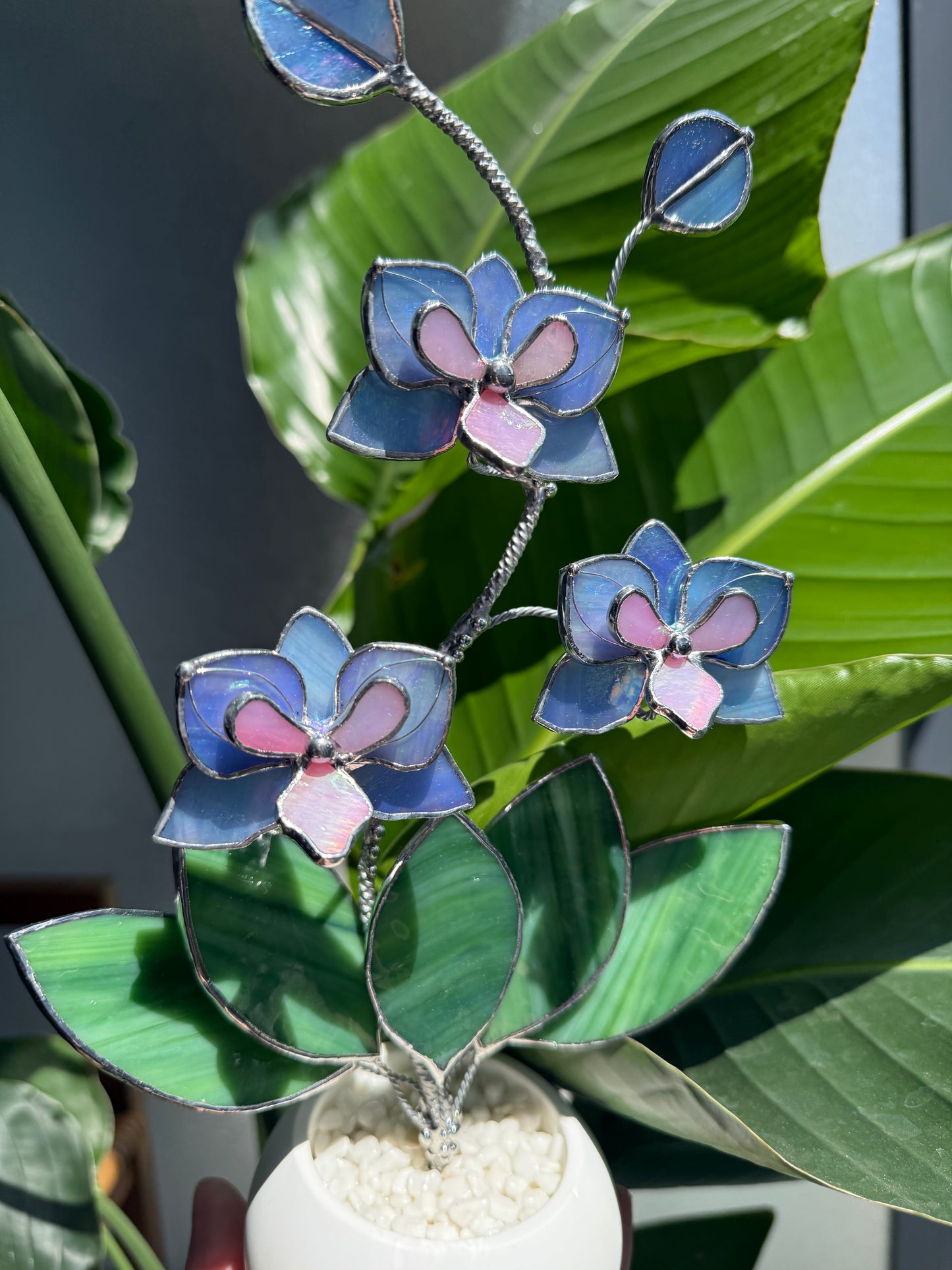 .Blue Lavender Orchid in a pot, 3 flowers Botanical Stained Glass Modern Art Decor new