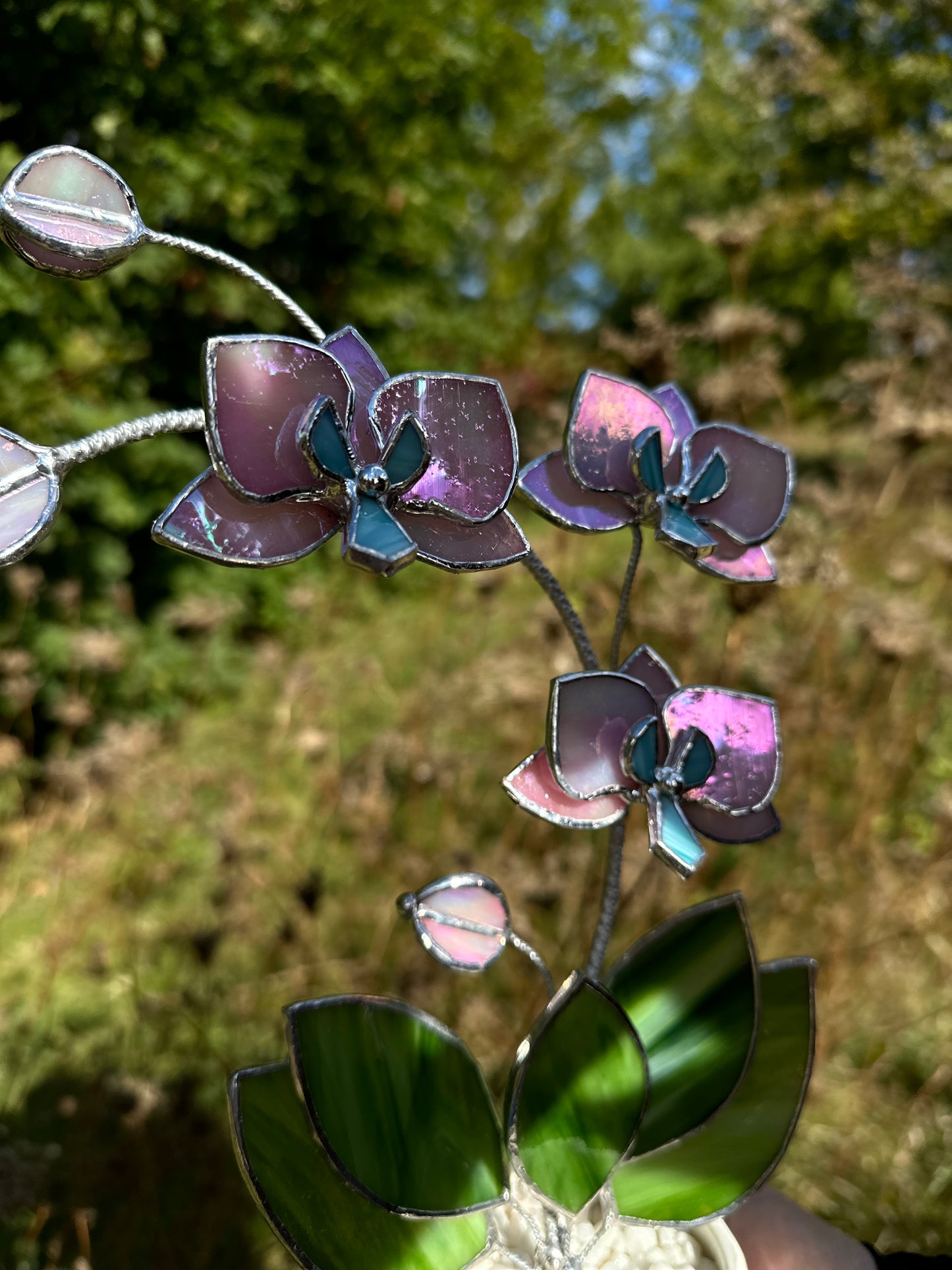 " . Candy Pink iridescent Orchid 3 flowers with pot” Stained glass tropical flower 3D, Sun catcher, Table plant, Garden stick, Outdoor and gardening decor