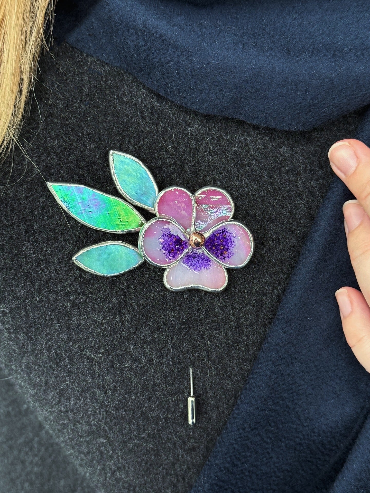 Pansy Brooch Statement Stained Glass Floral Pin, Modern Art Jewelry