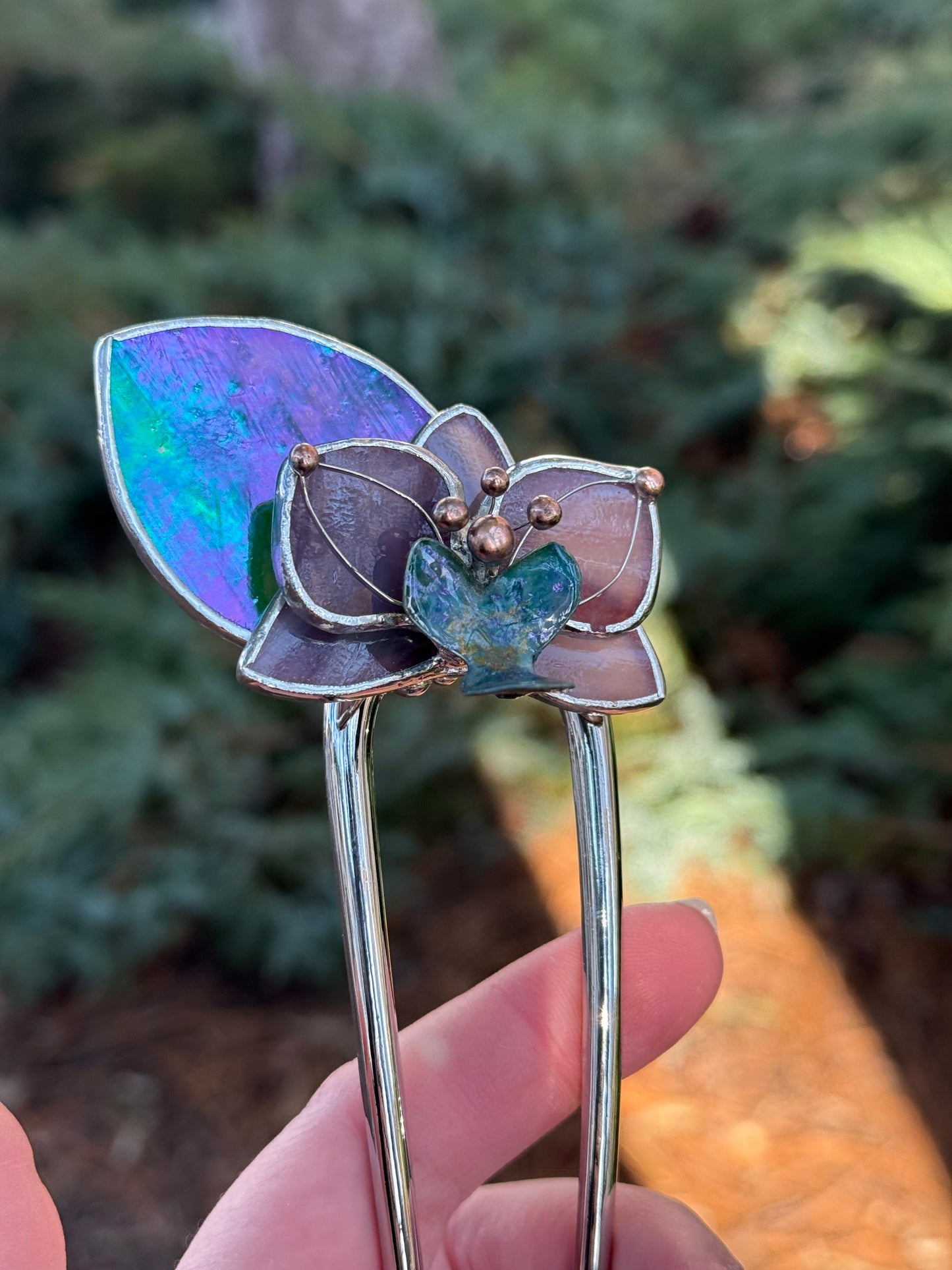 Hair Pin Stained Glass Orchid Flower CHOOSE COLOR Handmade Floral Accessories