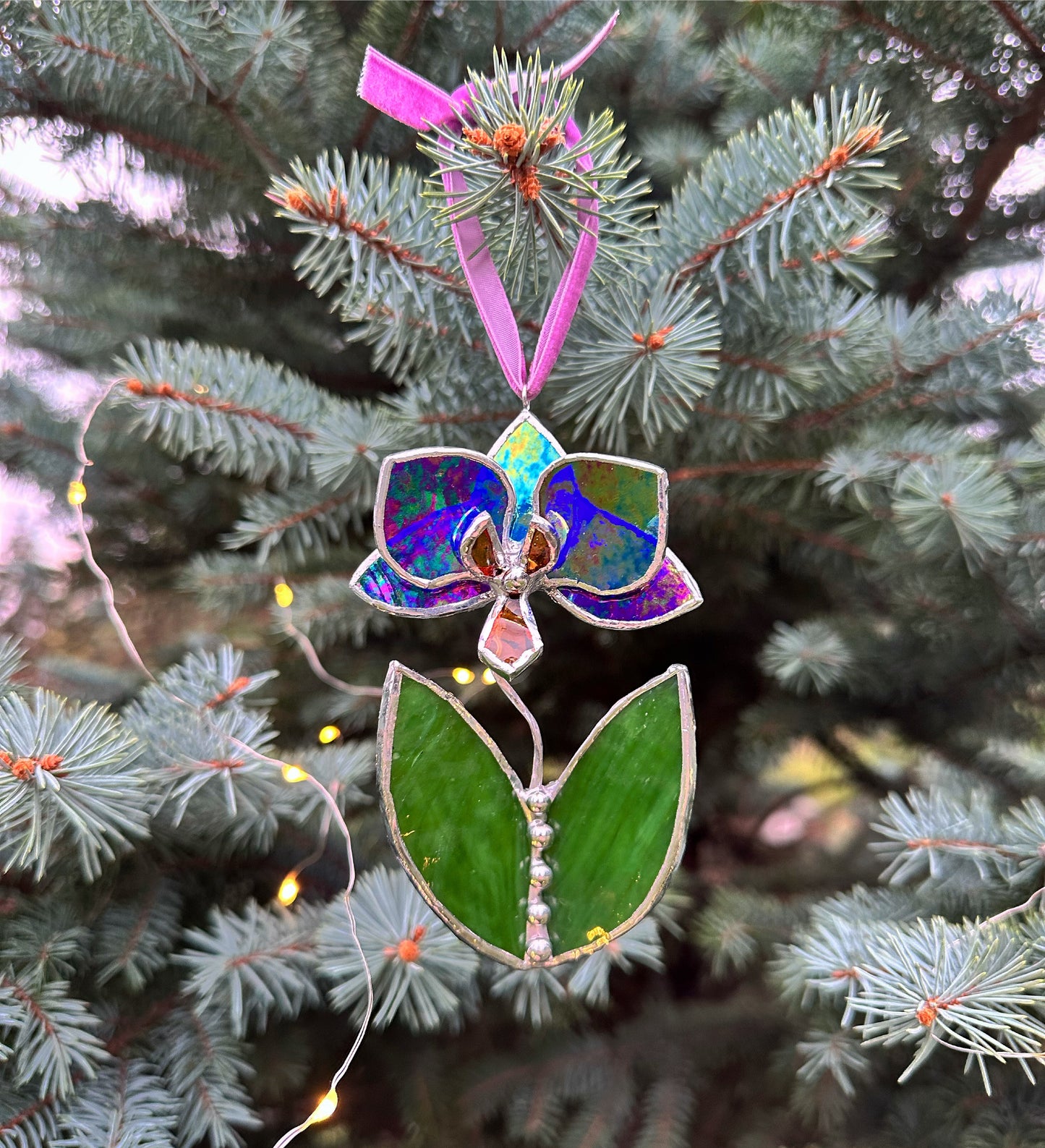 Christmas tree ornaments Orchid with leafs. Mix of 3, 5. Wall window decor, Stained glass  Holiday decorations  lights