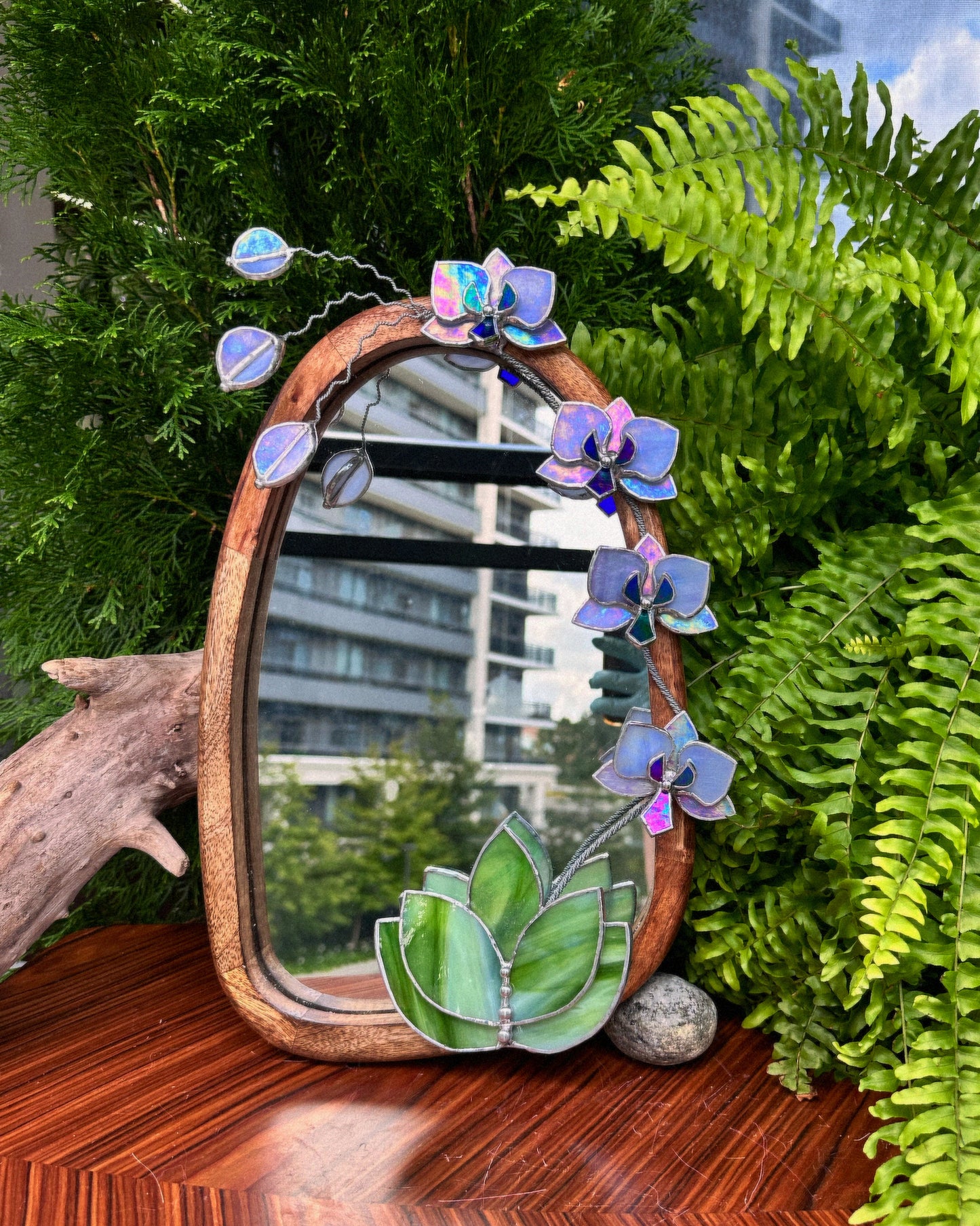 " . Lavender iridescent Orchid Mirror”, Stained glass flower Wall decor, Suncatcher, Home wedding Decor, Christmas gift, available