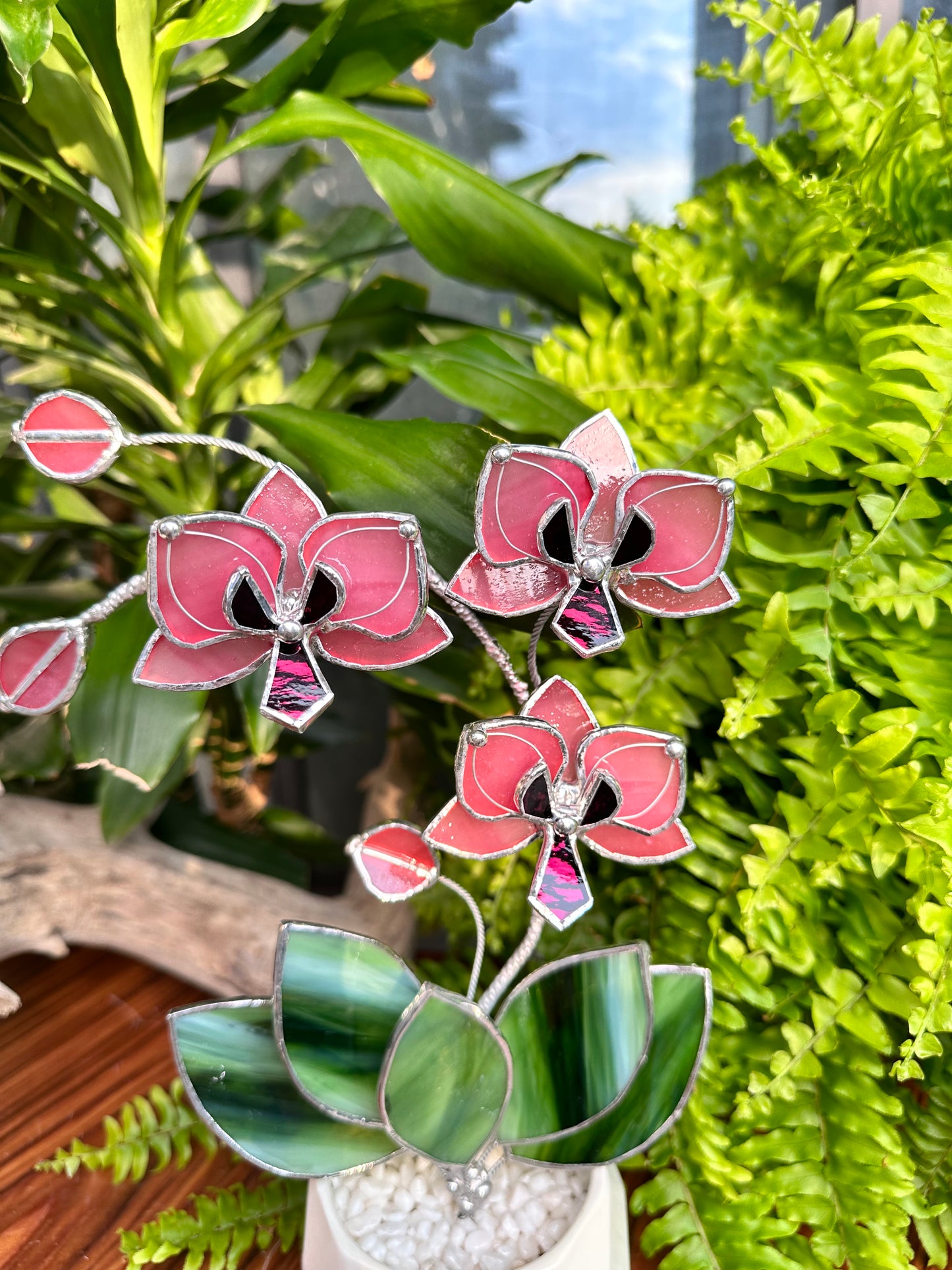 ". Baby Pink Orchid 3 flowers with pot” Stained glass tropical flower 3D, Sun catcher, Table plant, Garden stick, Outdoor and gardening decor