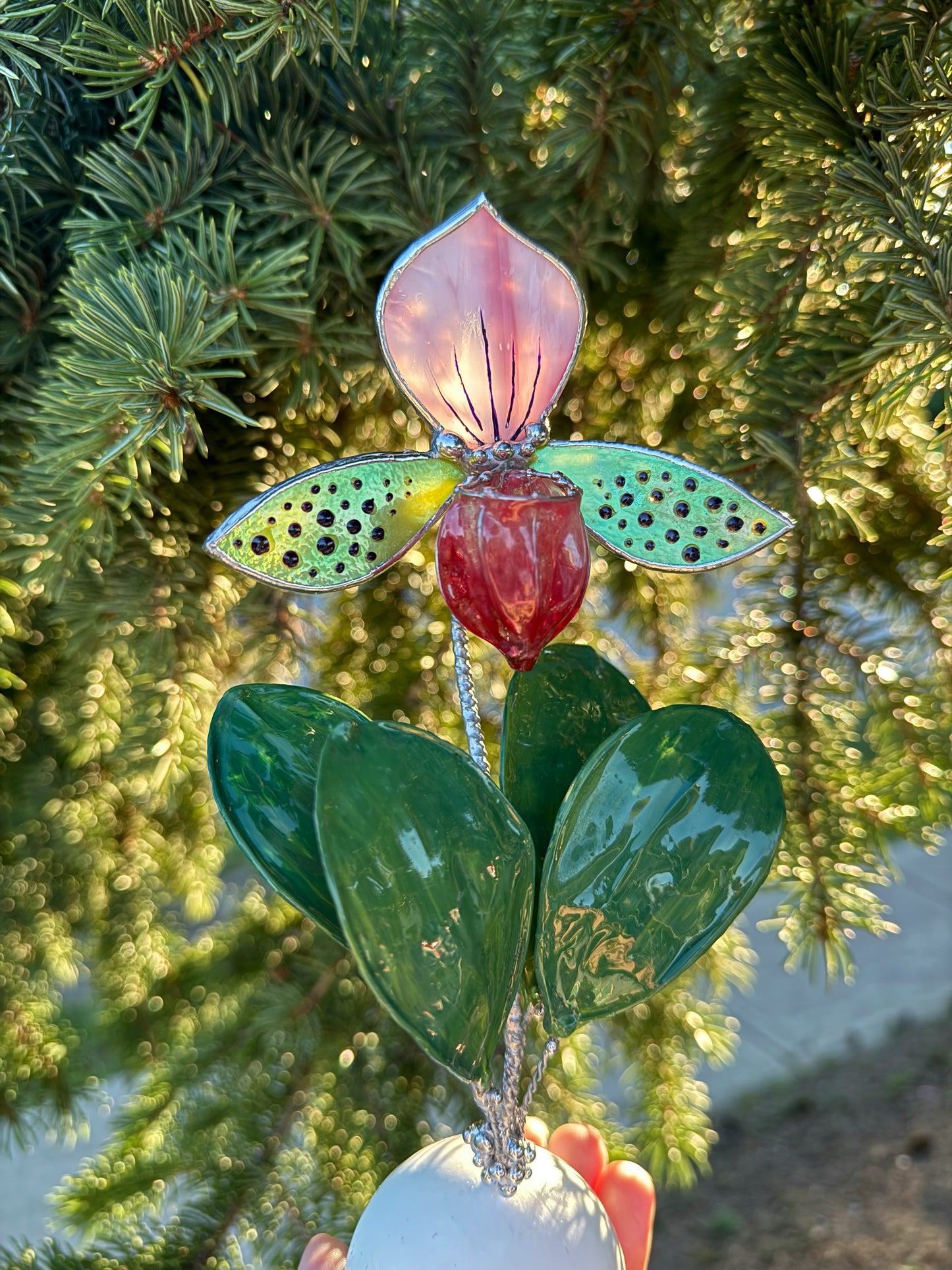 Lady’s Slipper Orchid, Handpainted Artificial Flower With Resin Leaves, Botanical Art Stained glass