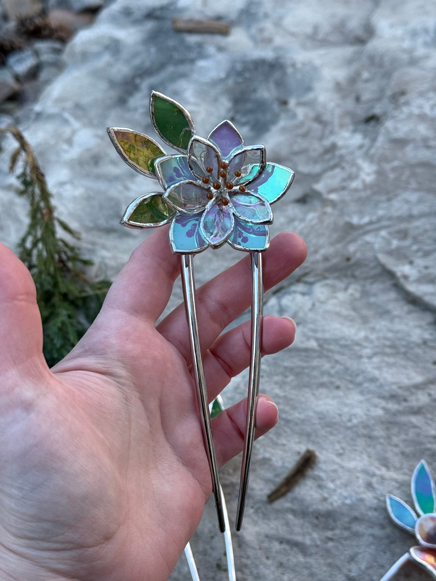 Hair Pin Stained Glass Lotus Flower CHOOSE COLOR Handmade Accessories
