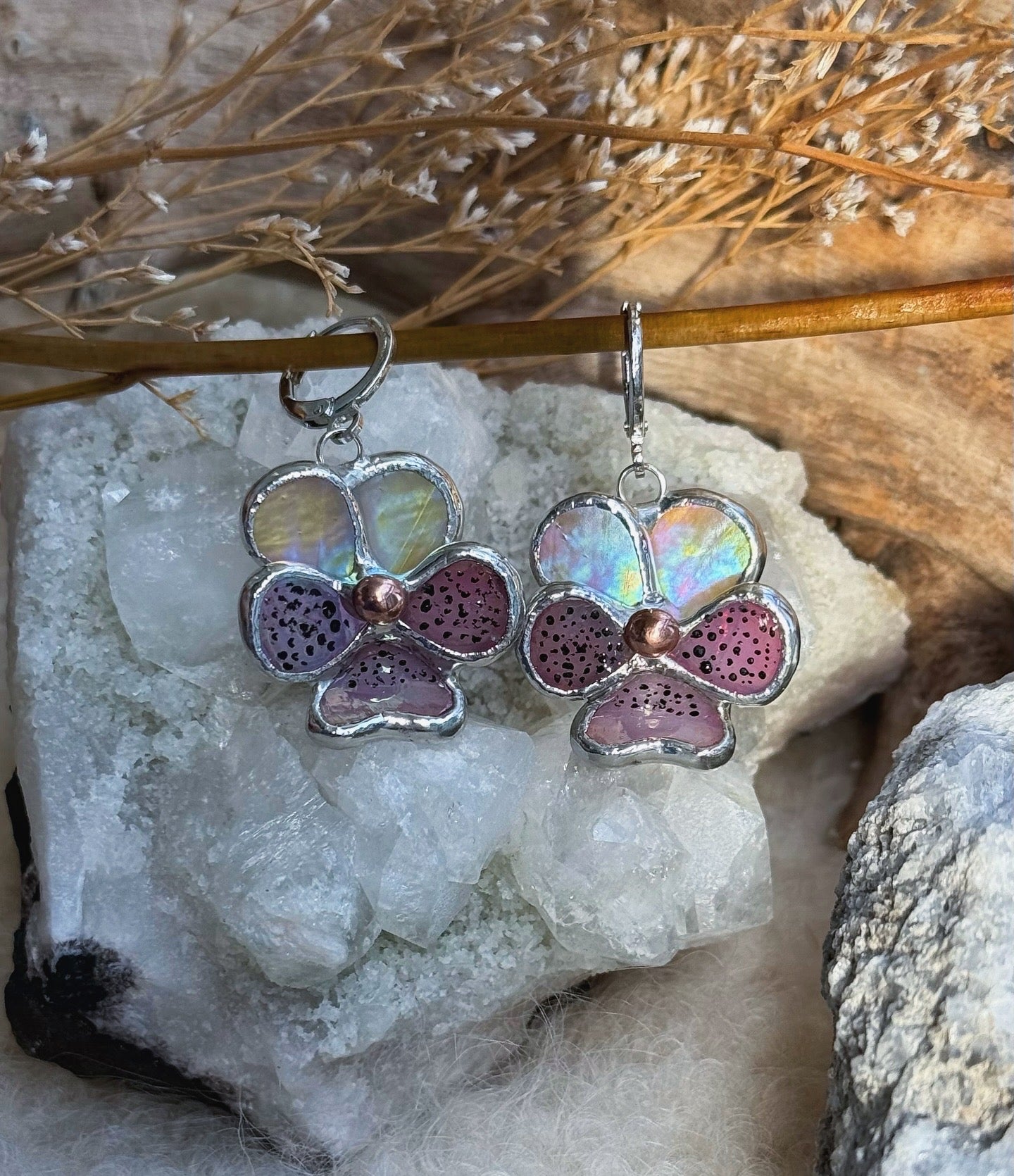 " . Earrings Pansy flower” Stained glass modern floral art jewelry
