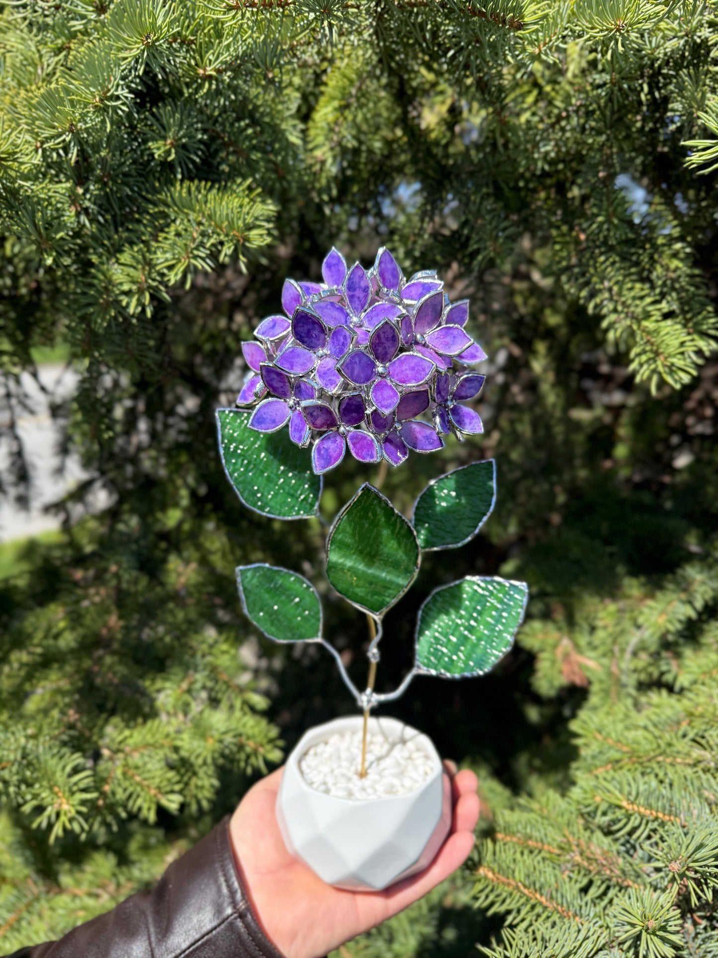 .Hand Painted Hydrangea Purple Stained glass Handcrafted Floral Home Decor