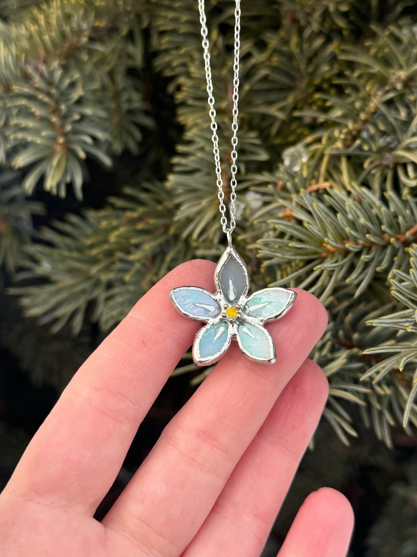 " . Necklace Stained glass Forget Me Not flower Light Blue iridescent , Modern art, jewelry