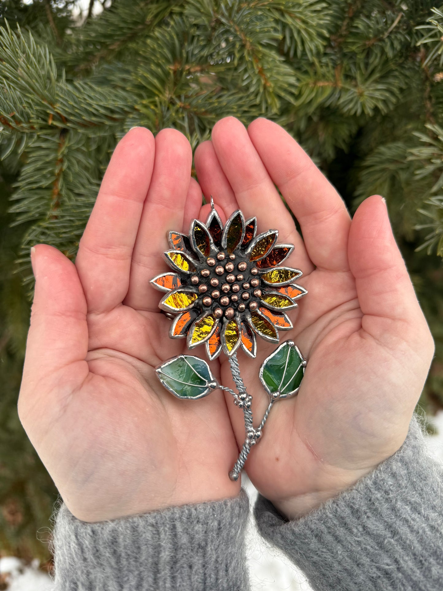 " . Sunflower Brooch Gold & Amber Silwercoat” Stained glass tropical flower 3D