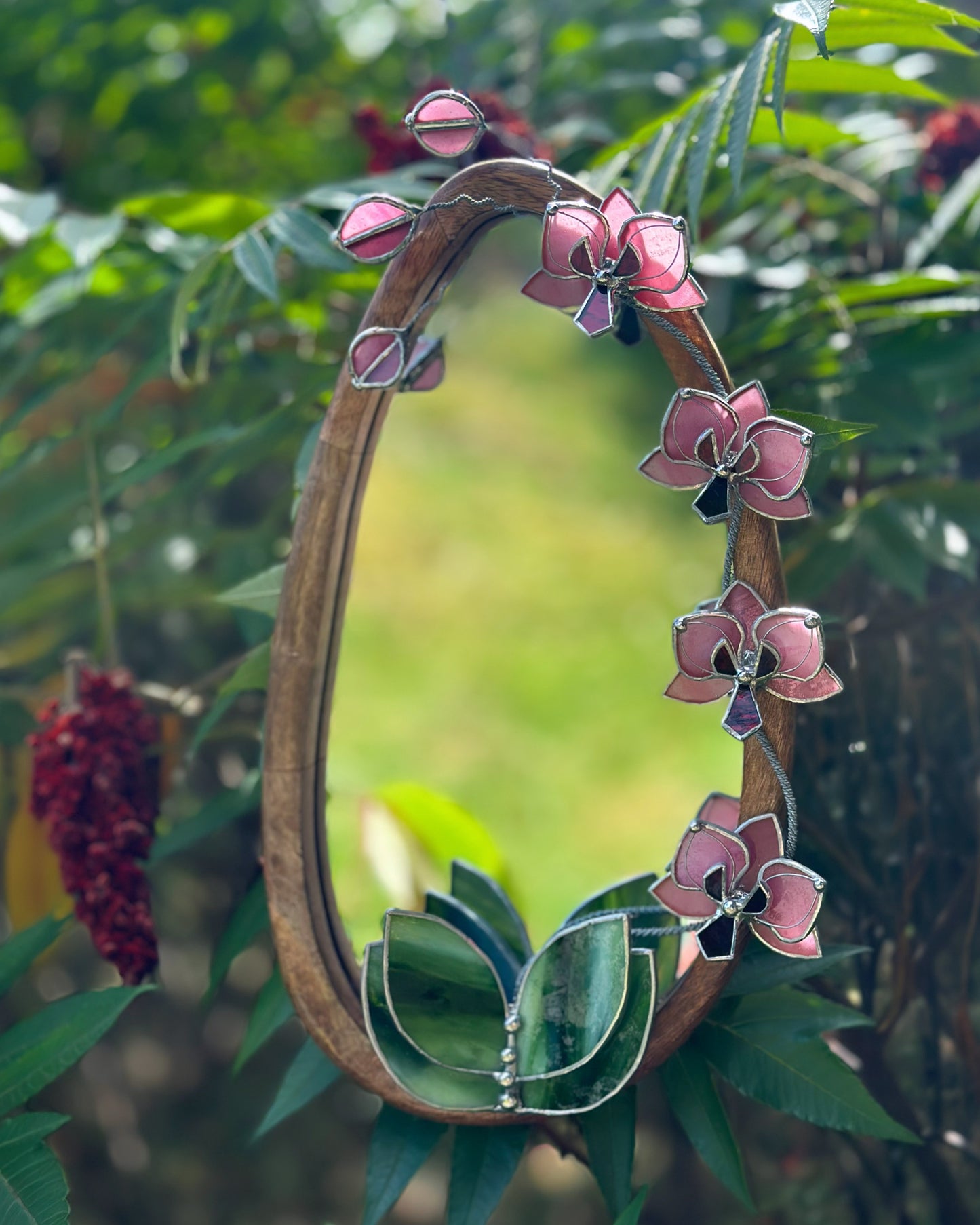 " . Baby Pink Orchid Mirror”, Stained glass flower Wall decor, Suncatcher, Home wedding Decor, Christmas gift, available