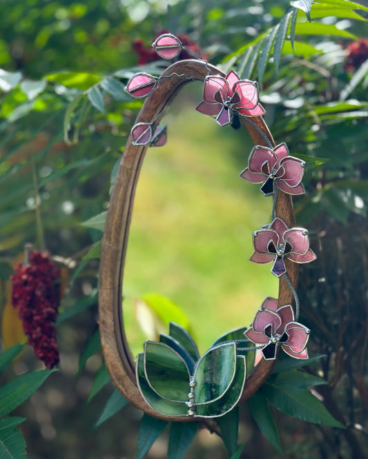 " . Baby Pink Orchid Mirror”, Stained glass flower Wall decor, Suncatcher, Home wedding Decor, Christmas gift, available