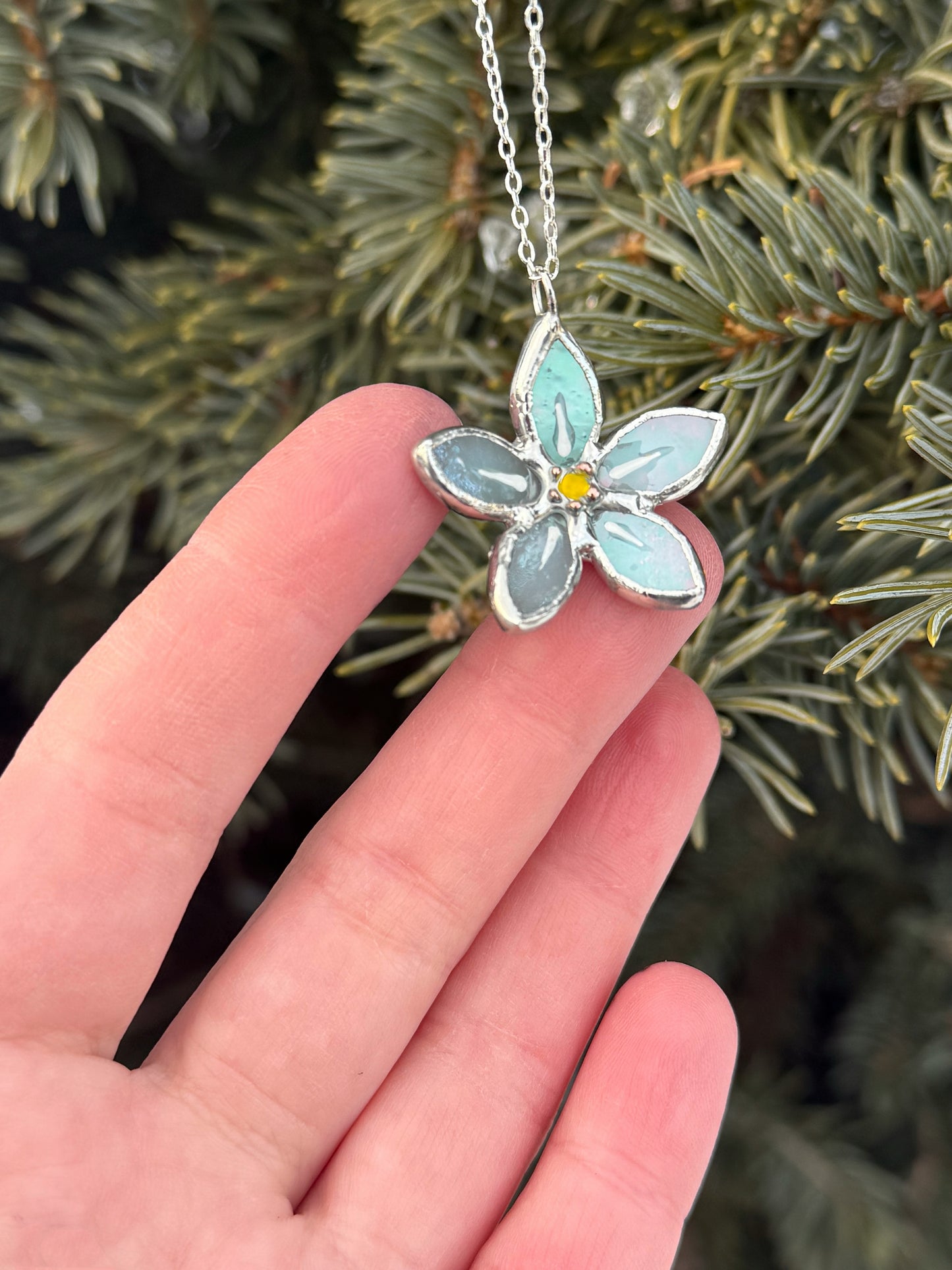 " . Necklace Stained glass Forget Me Not flower Light Blue iridescent , Modern art, jewelry
