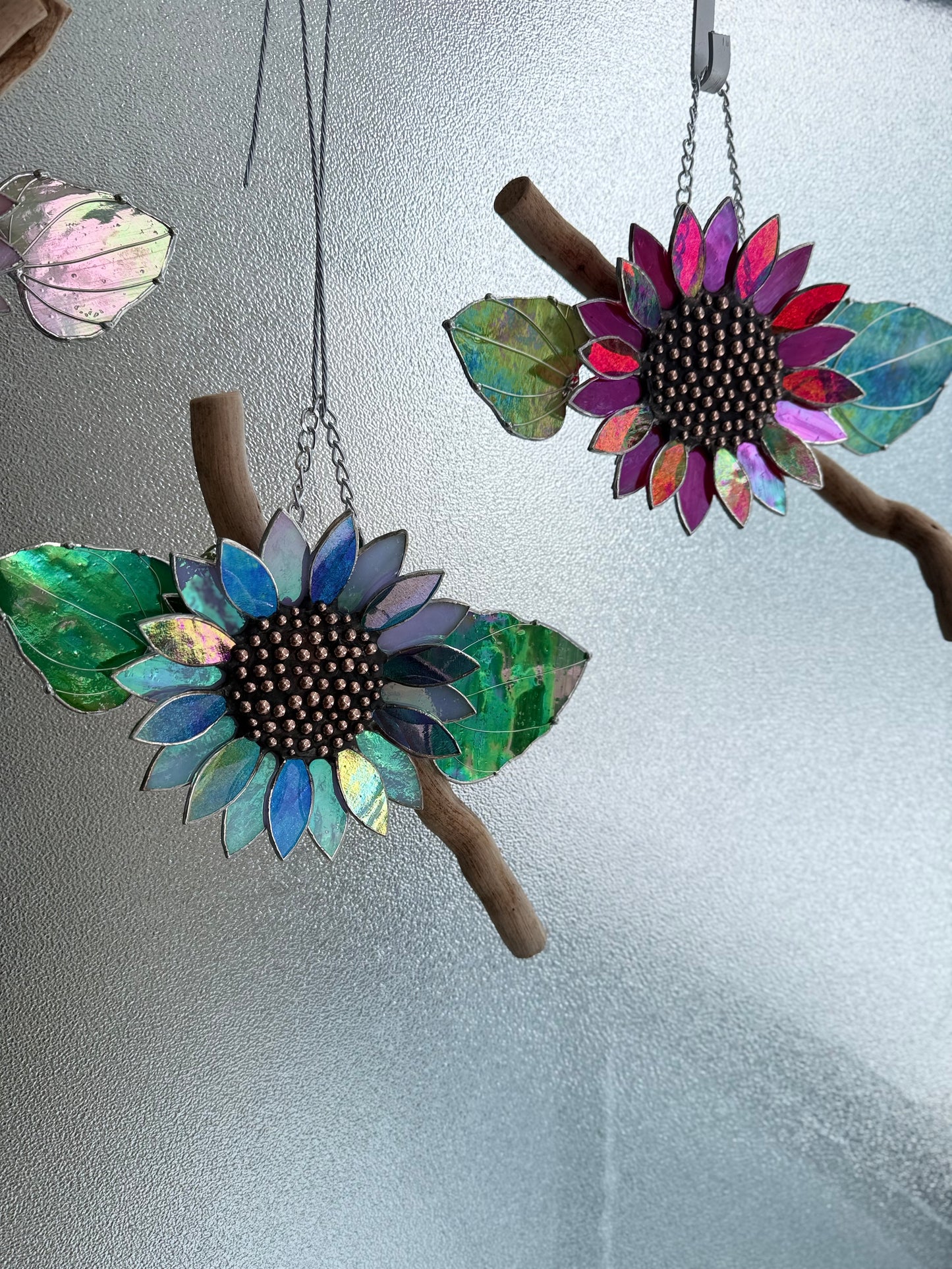 "  . Sunflower Red iridescent", stained glass wall decor, tropical flower 3D, Sun catcher, Plant decor