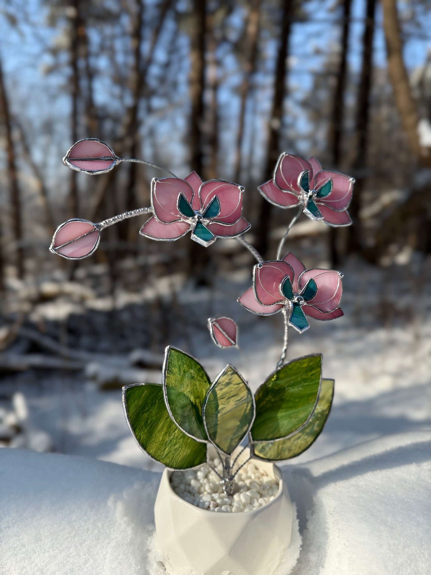 " . Bright Pink Orchid 3 flowers with pot” Stained glass tropical flower 3D, Sun catcher, Table plant, Garden stick, Outdoor and gardening decor