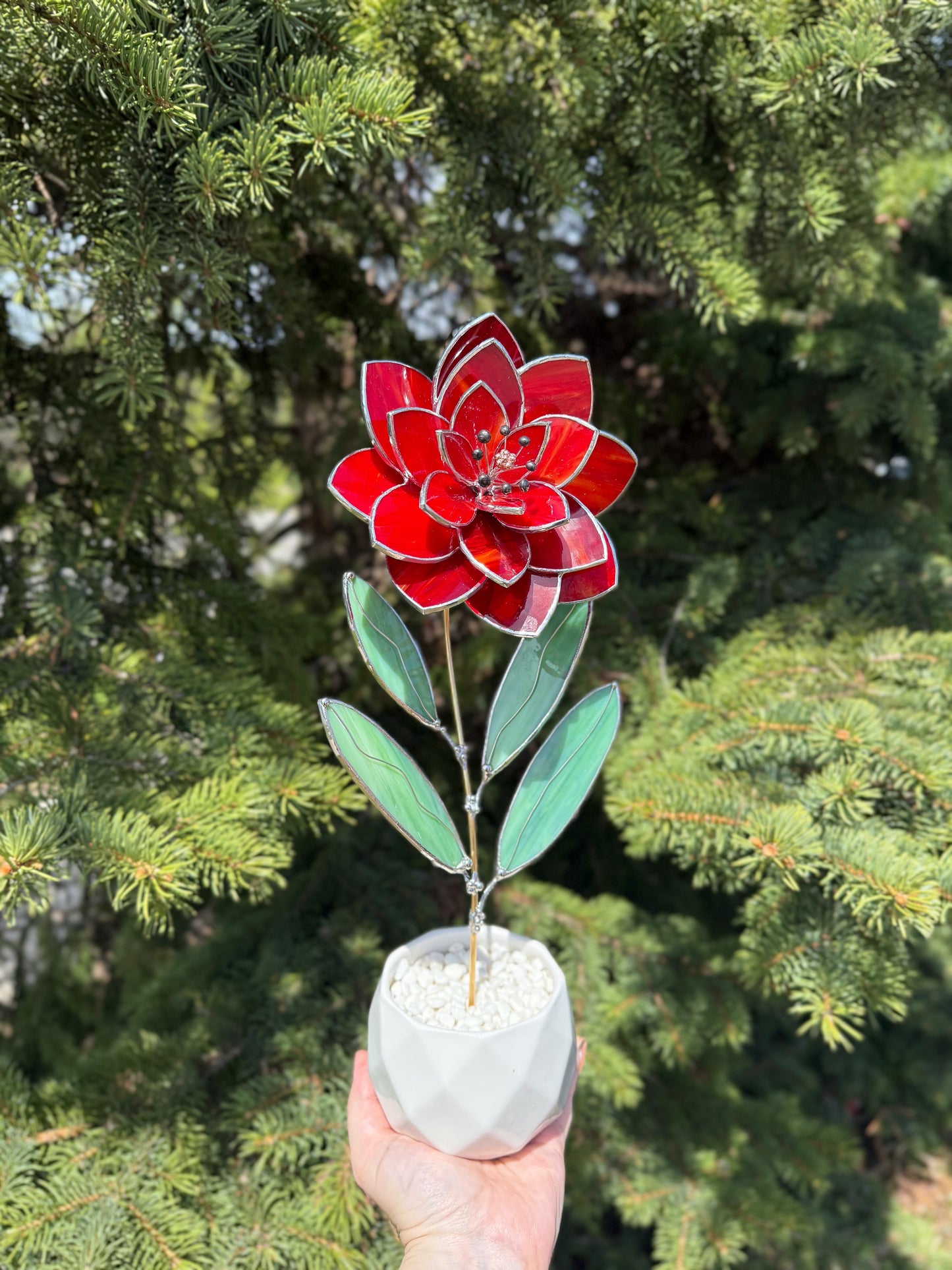 .Amber Red Peony Stained glass flower 3D Botanical Table Plant Decor new