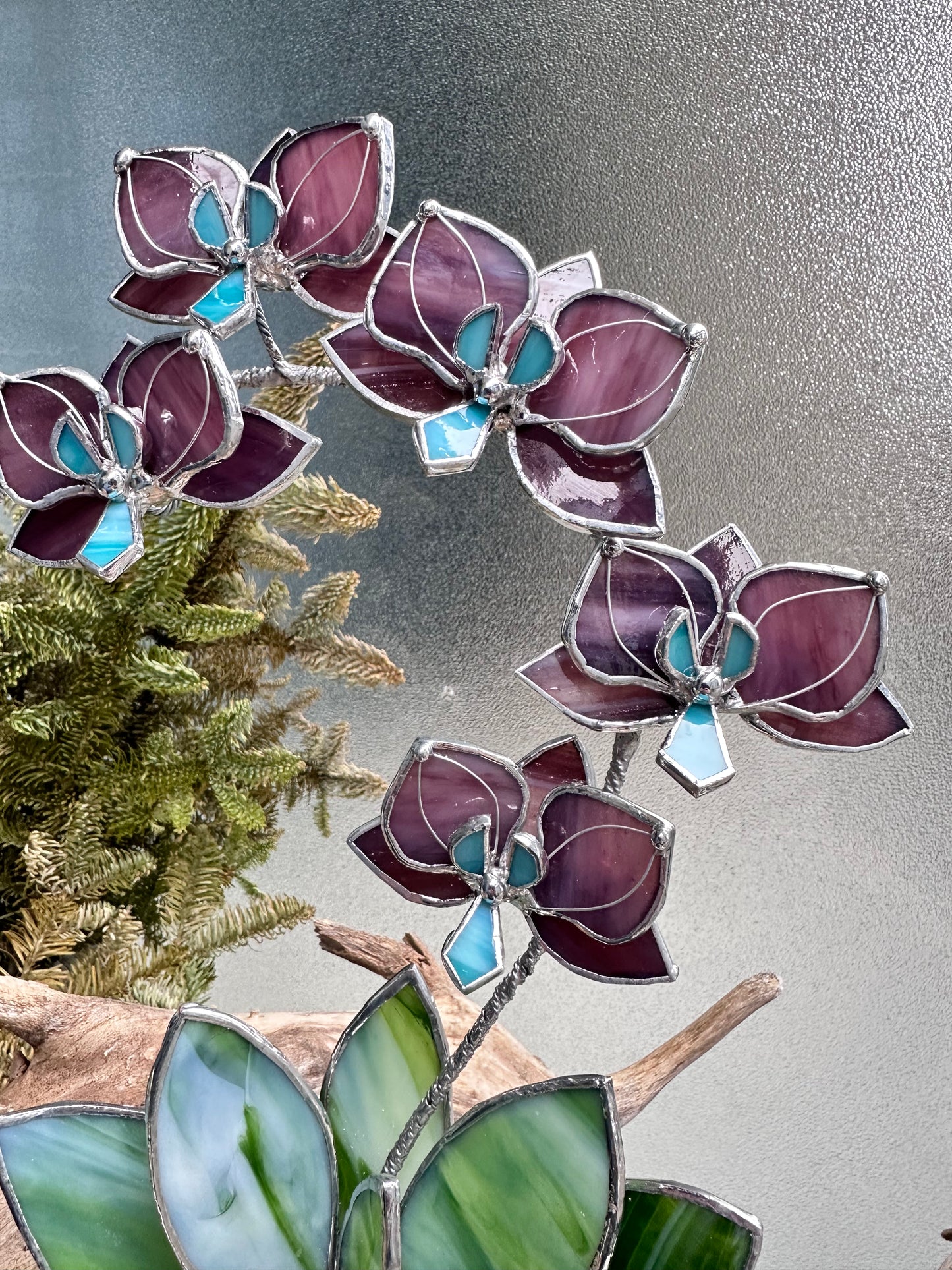 ". Stained glass Orchid Reach Elderberry with pot, 5 flowers,  Suncatcher  3D, plant, Wedding Christmas Gift  Outdoor and gardening decor