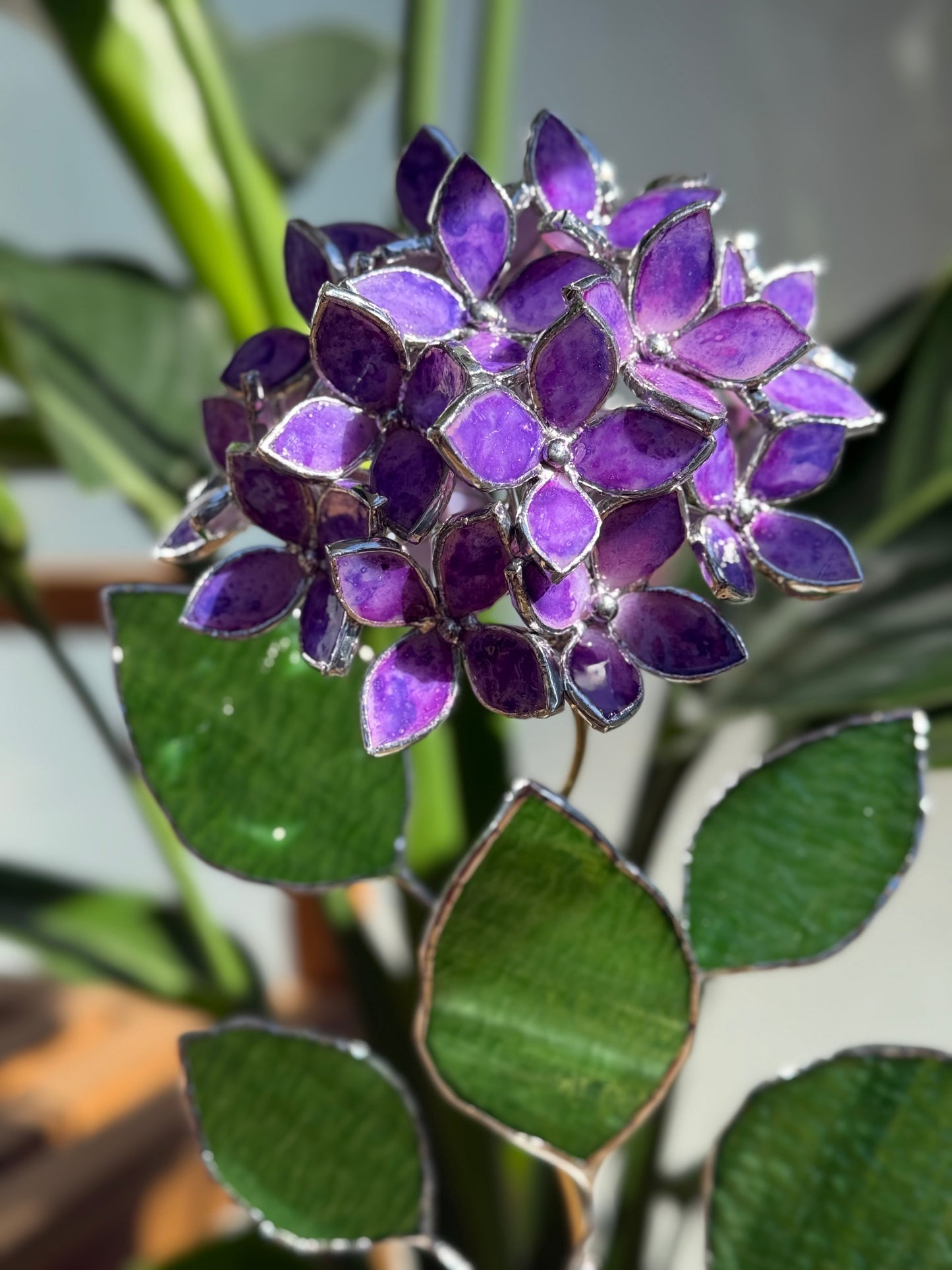.Hand Painted Hydrangea Purple Stained glass Handcrafted Floral Home Decor