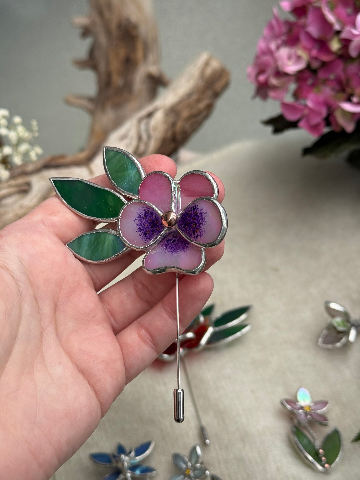 Pansy Brooch Statement Stained Glass Floral Pin, Modern Art Jewelry