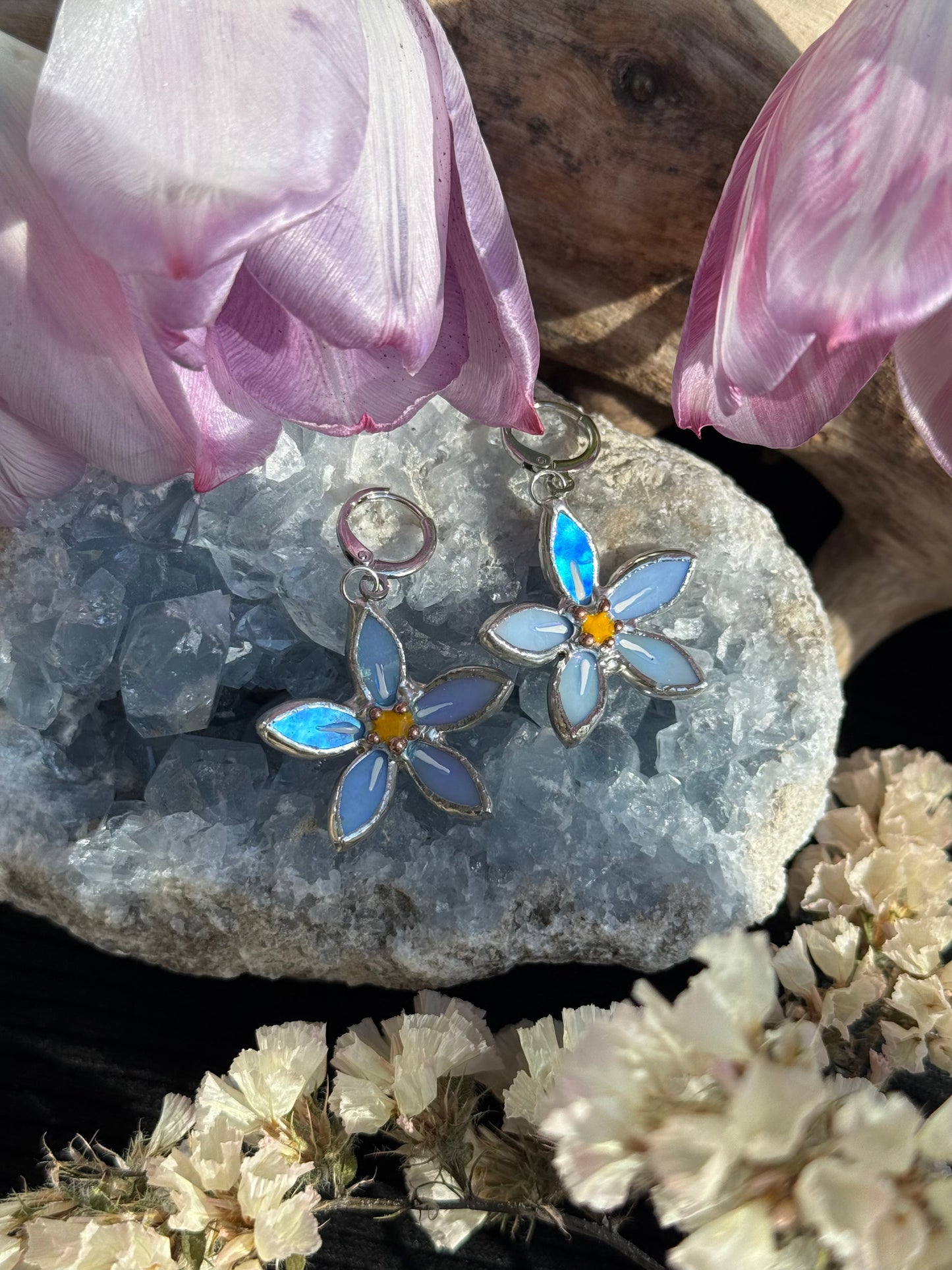 Forget Me Not Earrings Sky Blue Iridescent Handcrafted Stained glass Botanical Art Jewelry