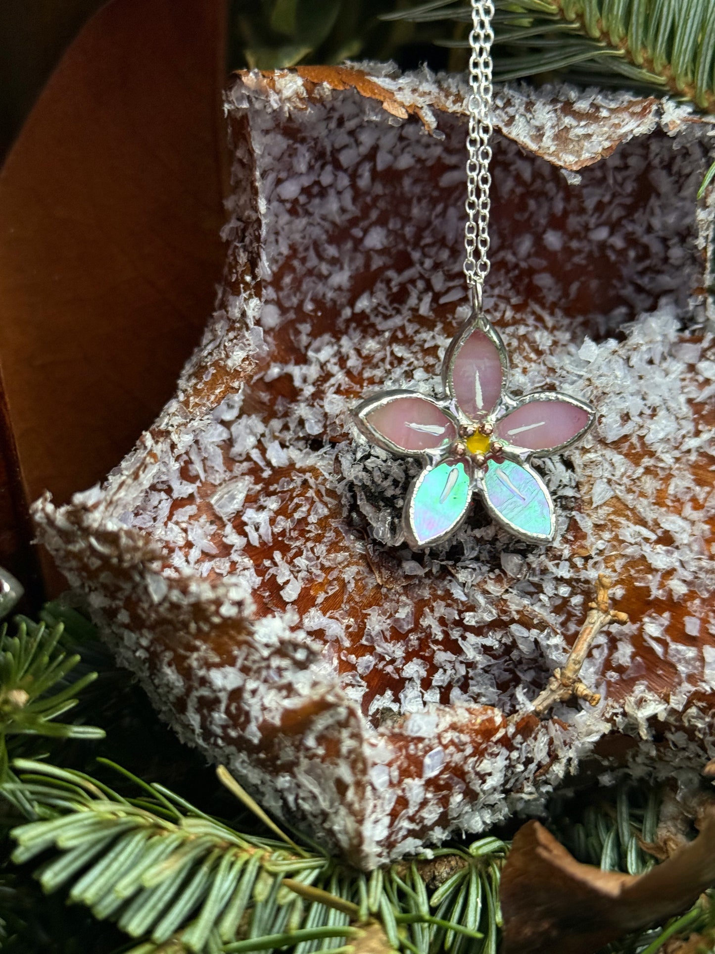 Forget Me Not Handmade Stained Glass Necklace Pink, Botanical Jewelry