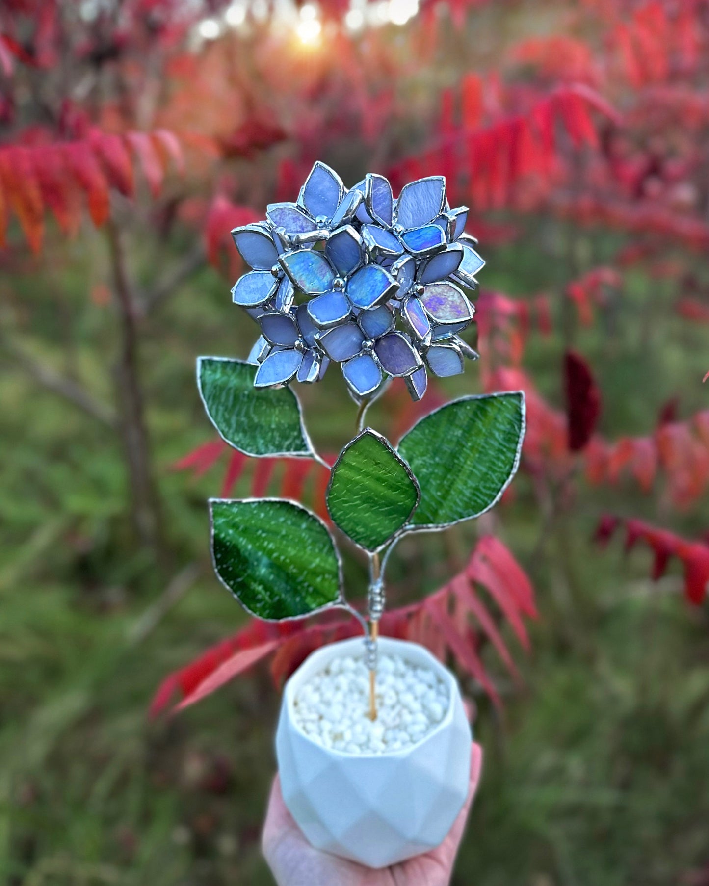 " . Blue lavender Hydrangea bunch iridescent in the pot”, Stained glass tropical flower 3D, Sun catcher, Table plant, Garden stick, Outdoor and gardening decor