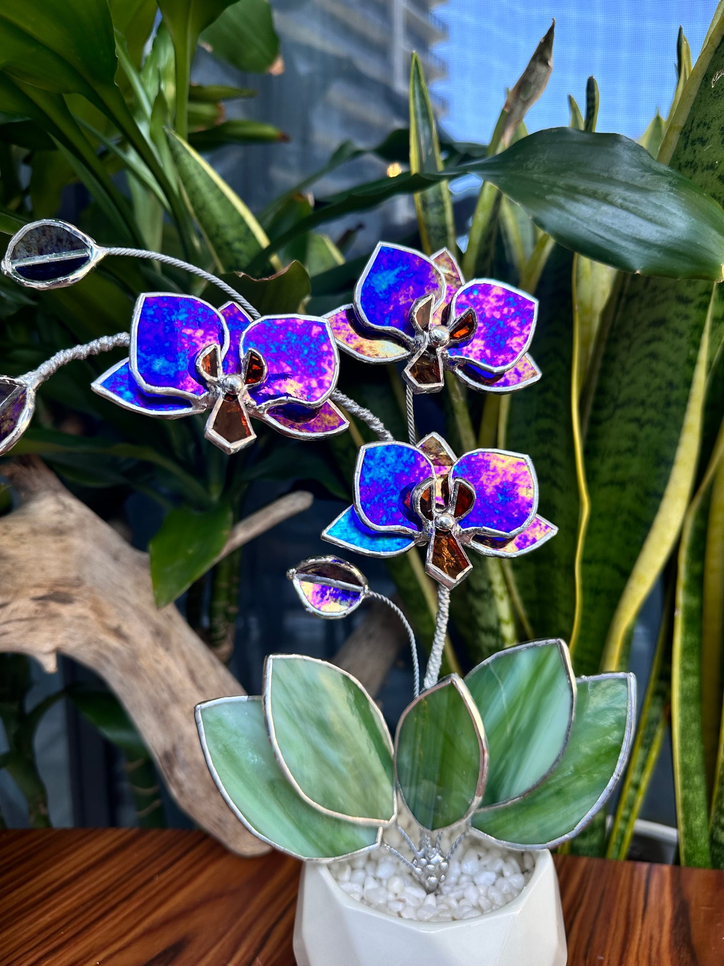 ". Amethyst luminescent Orchid 3 flowers with pot” Stained glass tropical flower 3D, Sun catcher, Table plant, Garden stick, Outdoor and gardening decor