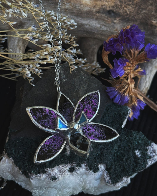 " . Preorder Necklace Tropical Orchid Black tiger” Stained glass tropical flower 3D, art jewelry