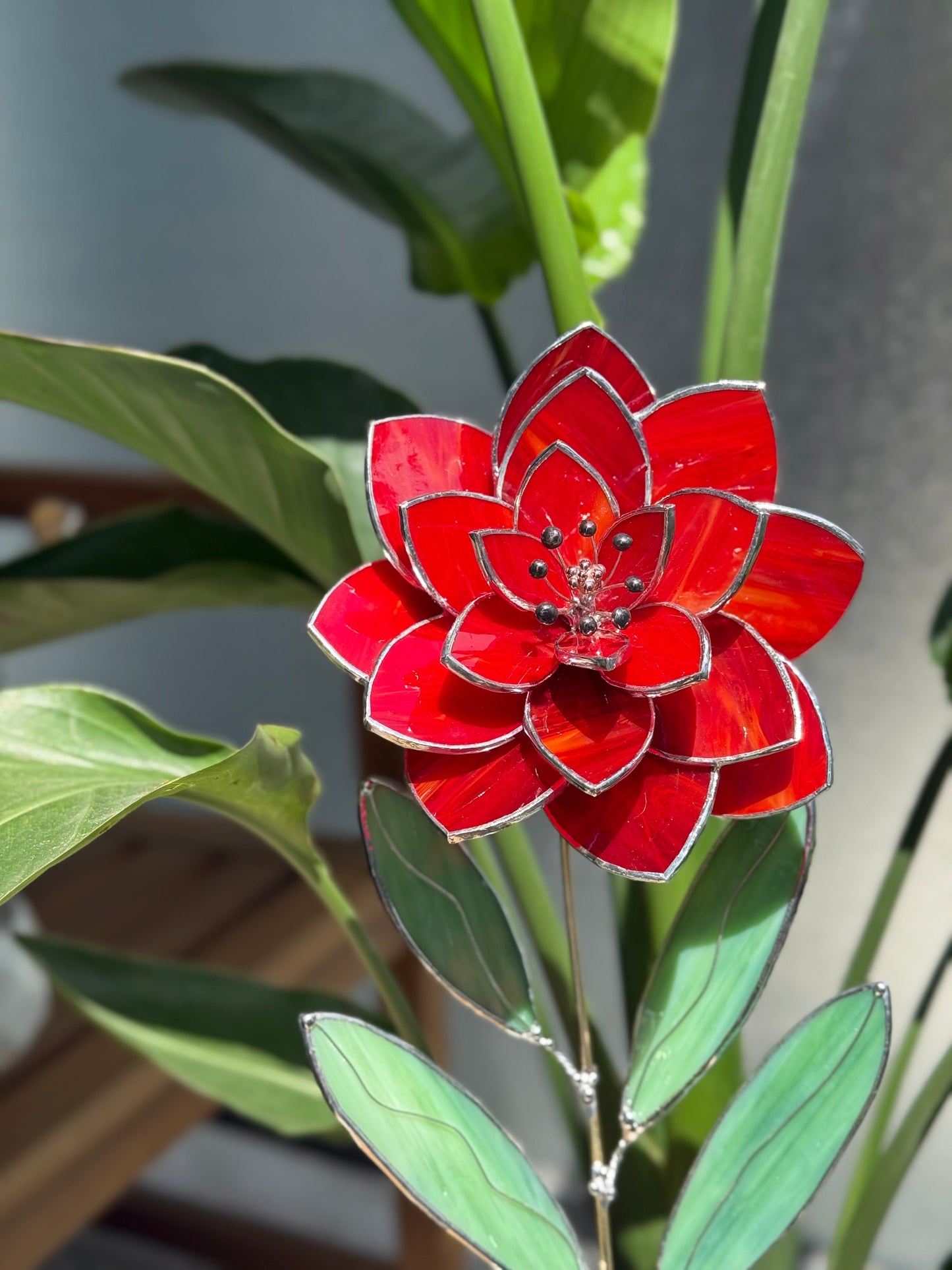 .Amber Red Peony Stained glass flower 3D Botanical Table Plant Decor new