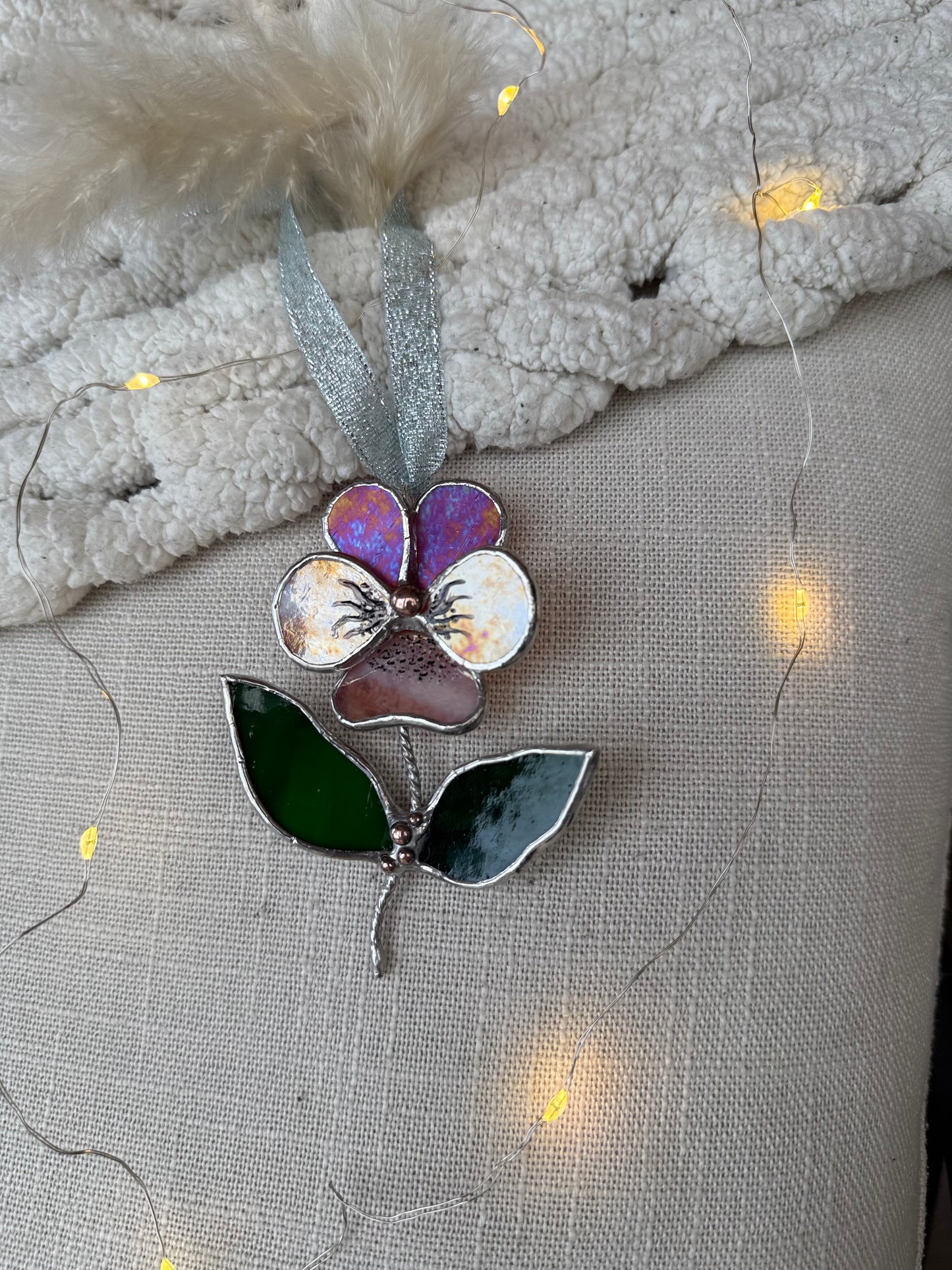 " . Pansy flower with leaves Berry red &  peach irid , Stained glass Decorative ORNAMENT, Christmas decoration, Suncatcher