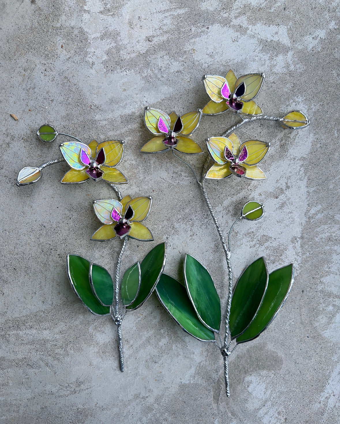 ". “Soulmates” Double stem Lemon yellow iridescent Orchid XL with pot, 5 flowers. Suncatcher, Tropical flowers, Outdoor and gardening decor, Christmas, Wedding gift