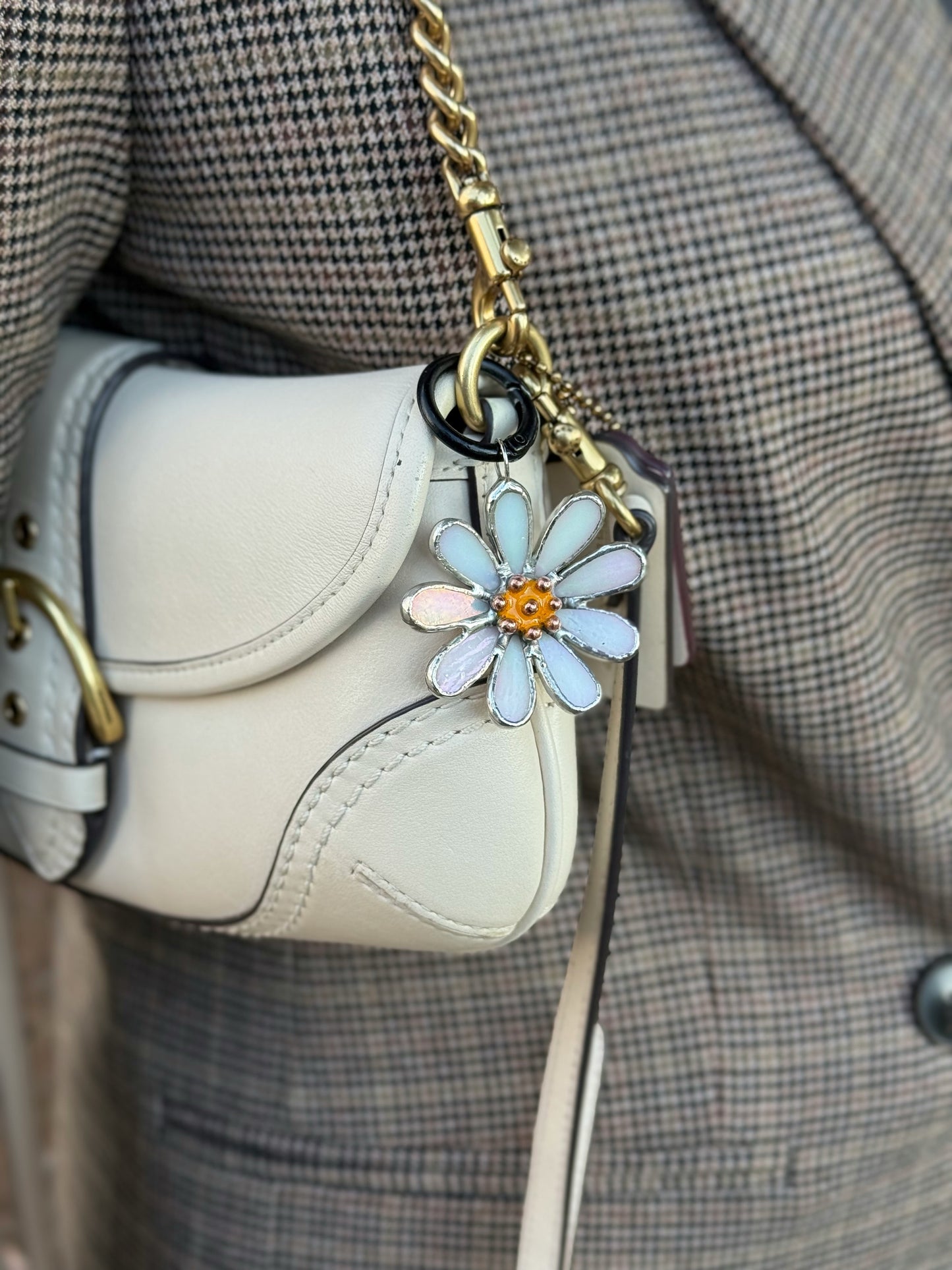 Daisy White Pearl Stained Glass Bag Charm Handmade Lead Free Accessories
