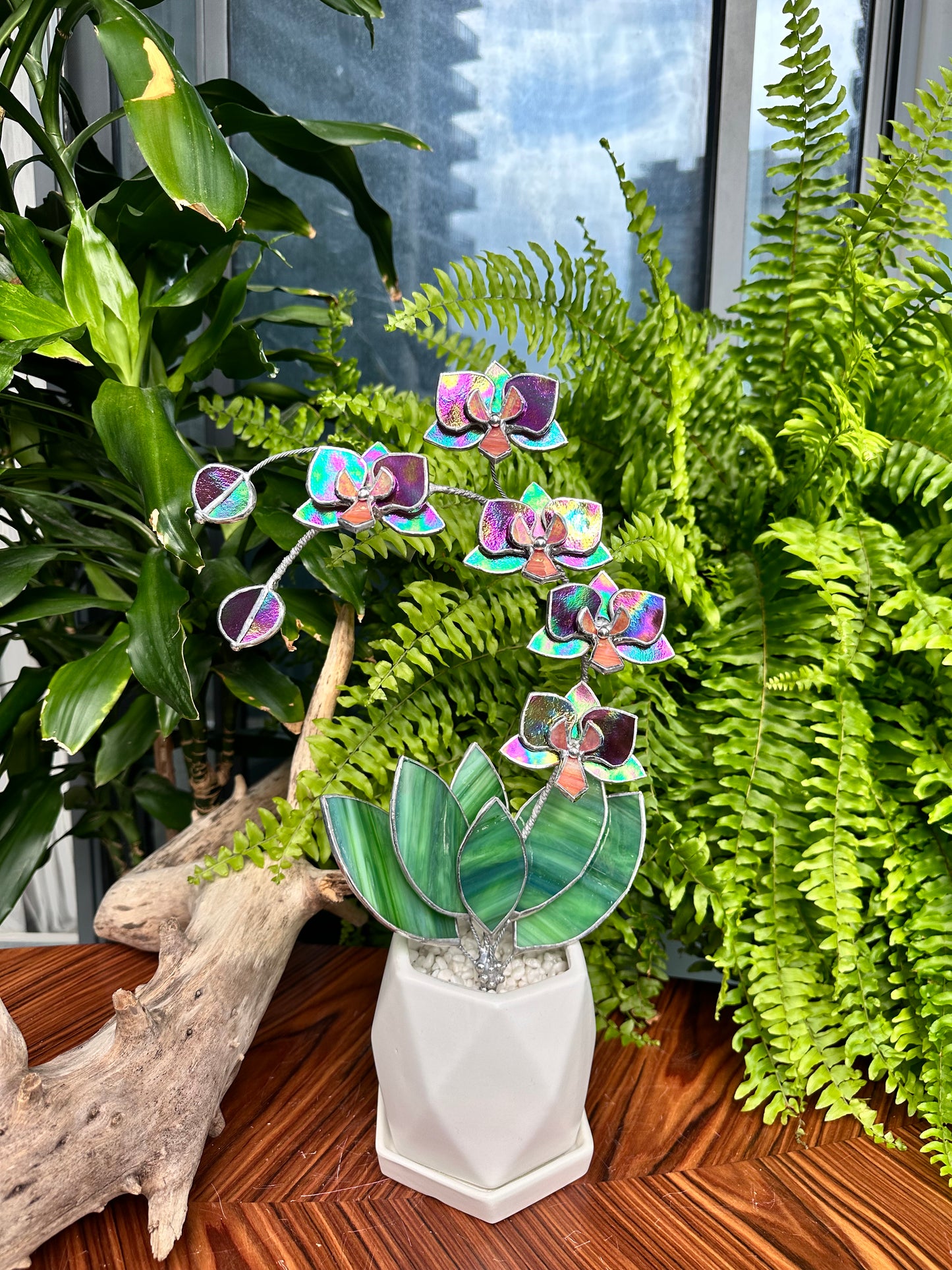 " . Mauve iridescent Orchid 5 flowers with pot" Stained glass tropical flower 3D, Sun catcher, Table plant, Garden stick, wedding decor, Christmas gift, available