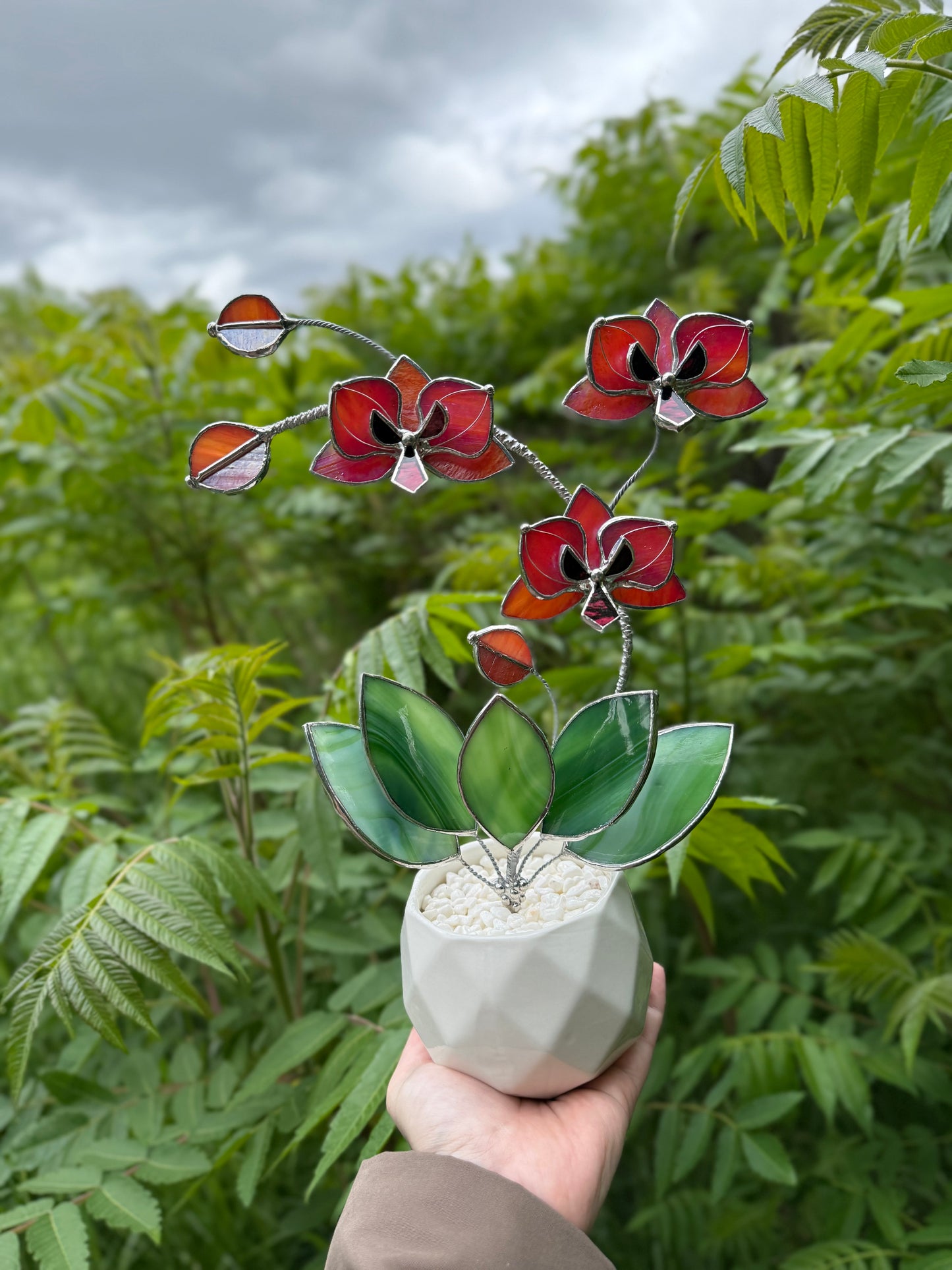 " . Berry red iridescent Orchid 3 flowers with pot” Stained glass tropical flower 3D, Sun catcher, Table plant, Garden stick, Outdoor and gardening decor available new