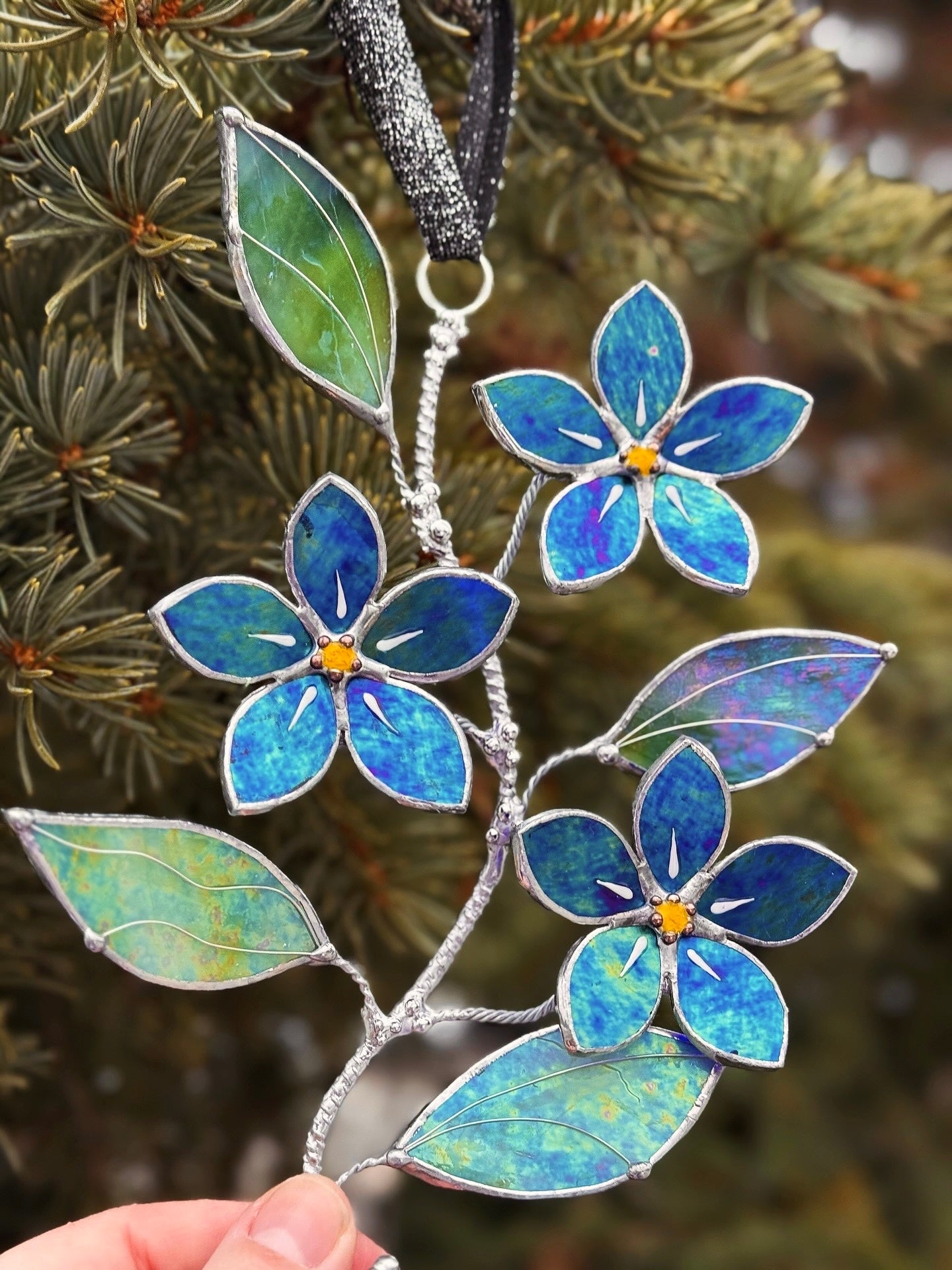 "  . Forget me not flower Indigo iridescent Wall Pendant, Stained glass, Walldecoration, Suncatcher