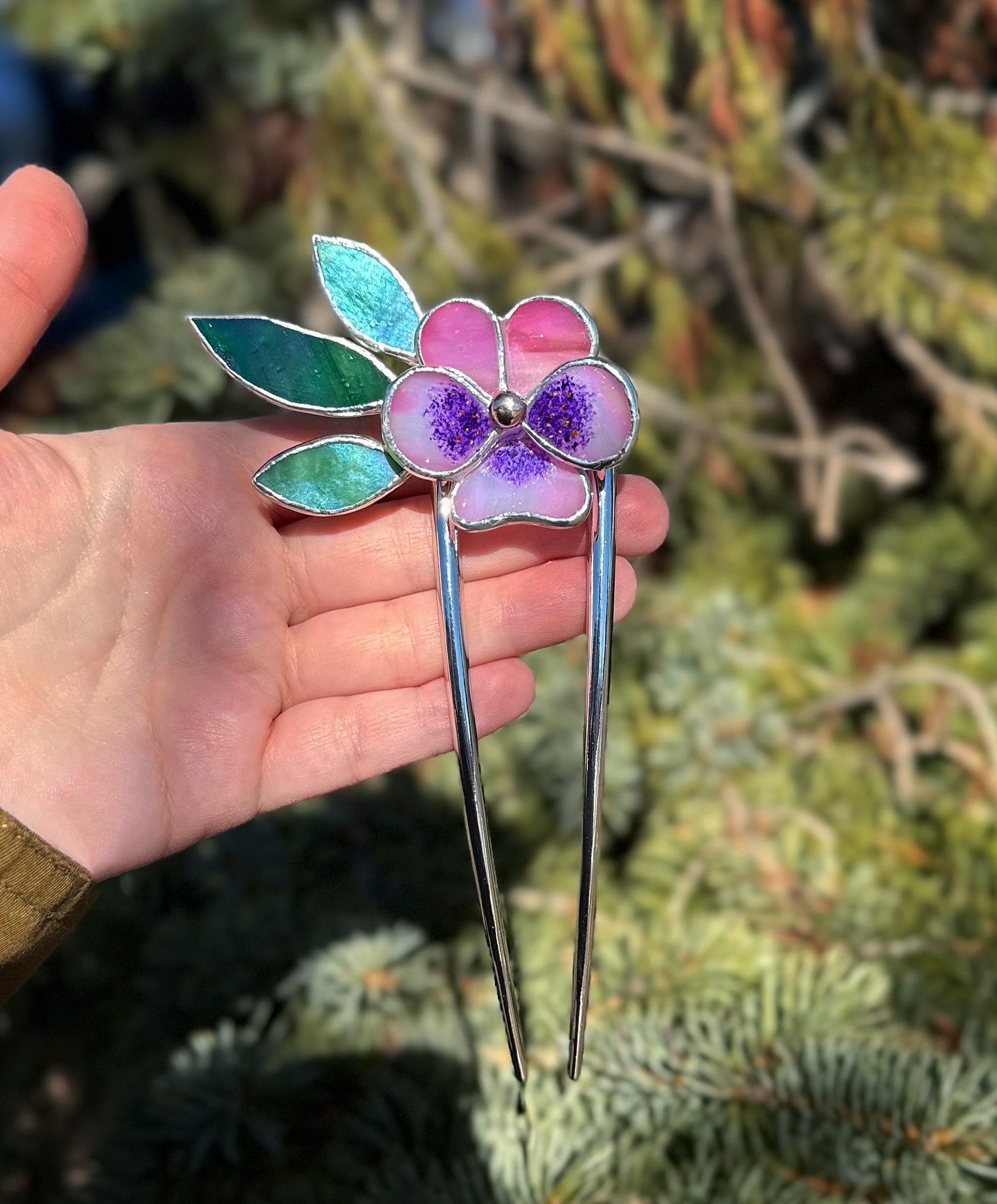 .Hair Pin Stained Glass Pansy Flower CHOOSE COLOR Handmade Floral Accessories