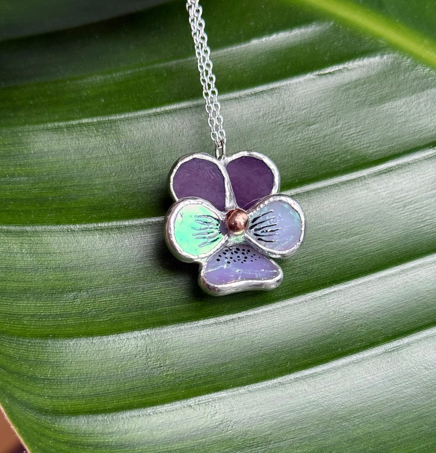 Pansy Purple & lavender Irid Stained Glass Necklace Handmade Botanical Jewelry new