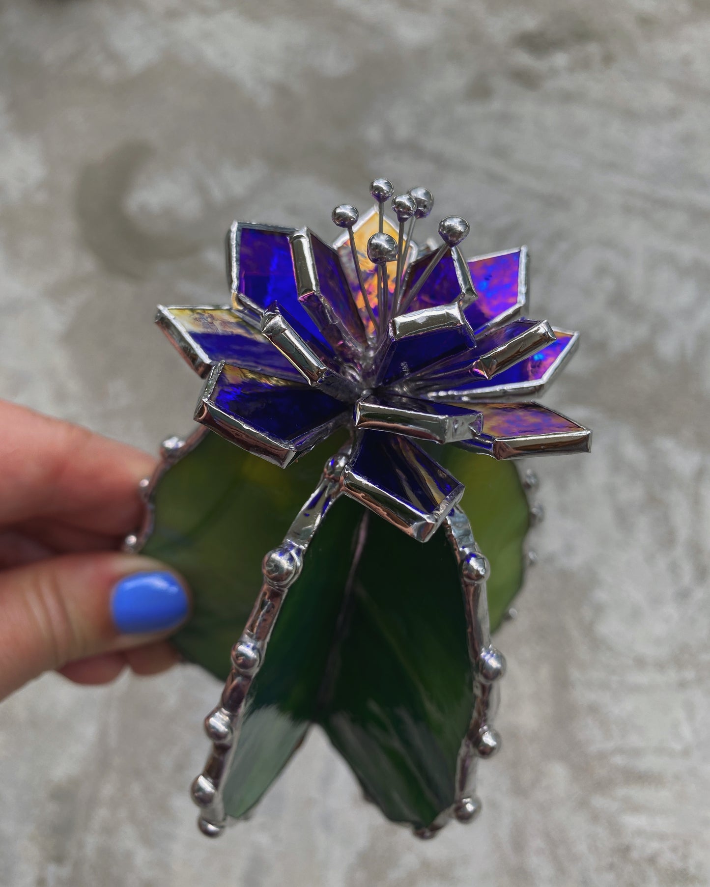 "Cactus Blue-Gold Iridescent XL" Stained glass, Succulent 3D, Cacti, house plant for flower pot, Sun catcher, glass art