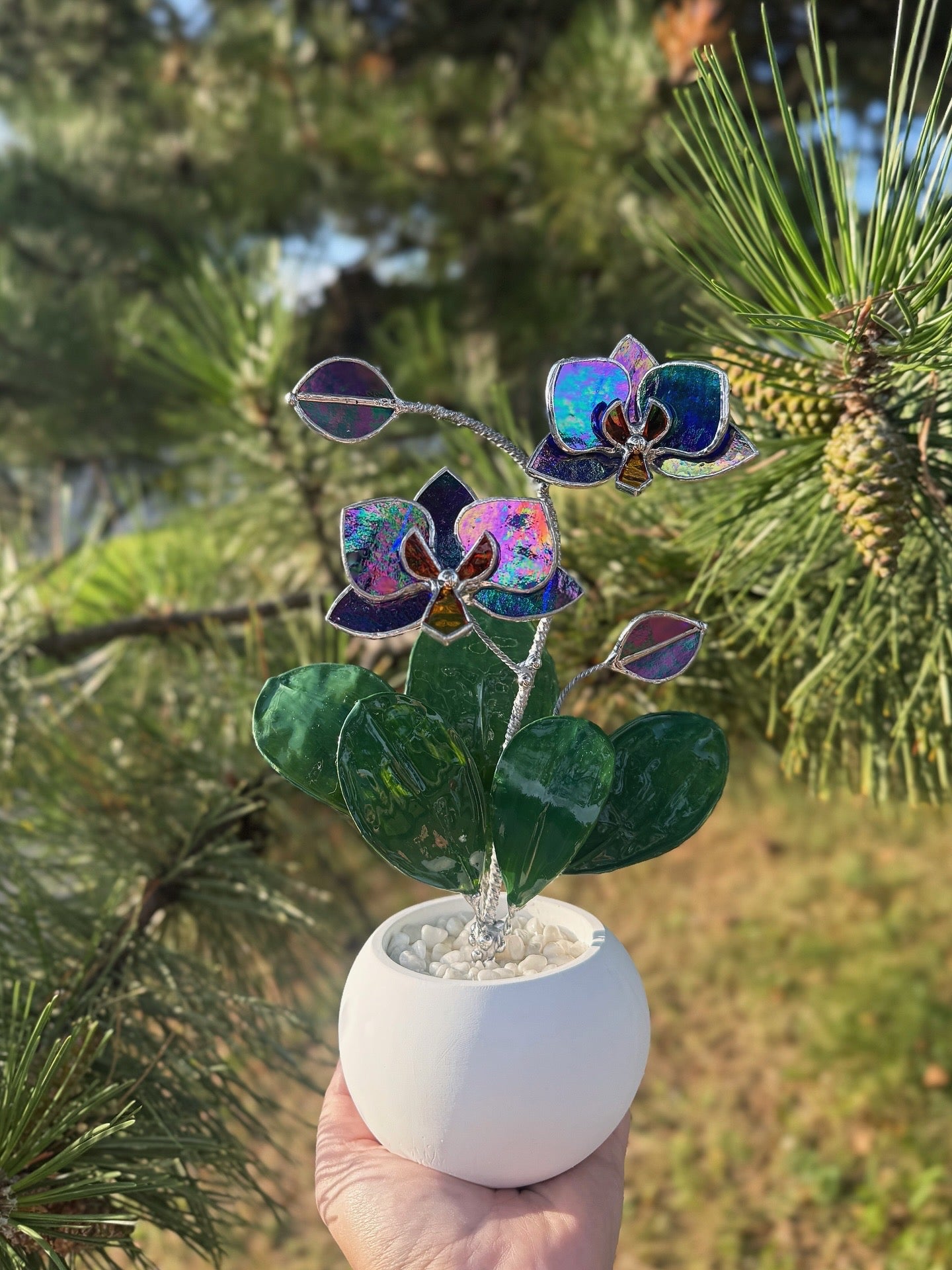 Indigo iridescent Artificial Orchid WITH RESIN Hand painted LEAVES 2 flowers with bud in a Pot, Botanical Art Sculpture