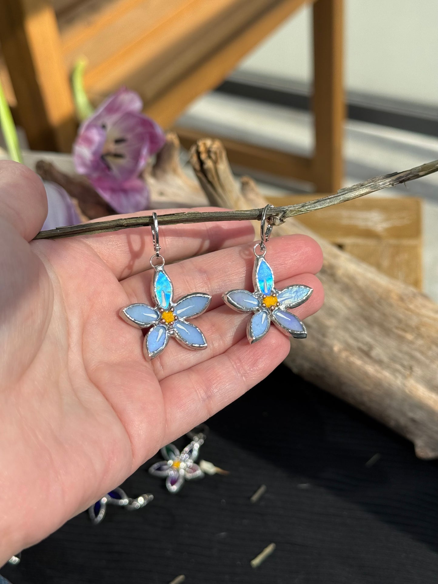 Forget Me Not Earrings Sky Blue Iridescent Handcrafted Stained glass Botanical Art Jewelry